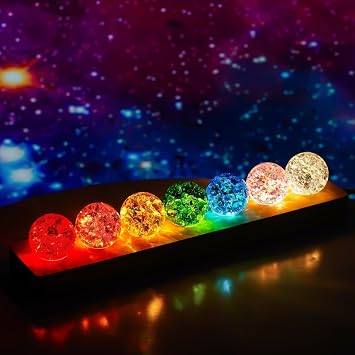 7 Colors 40mm Ice Cracked Balls Crystal Chakra Balls with LED Wooden Base | Glass Healing Sphere Ball, Night Light Decoration Quartz Ball