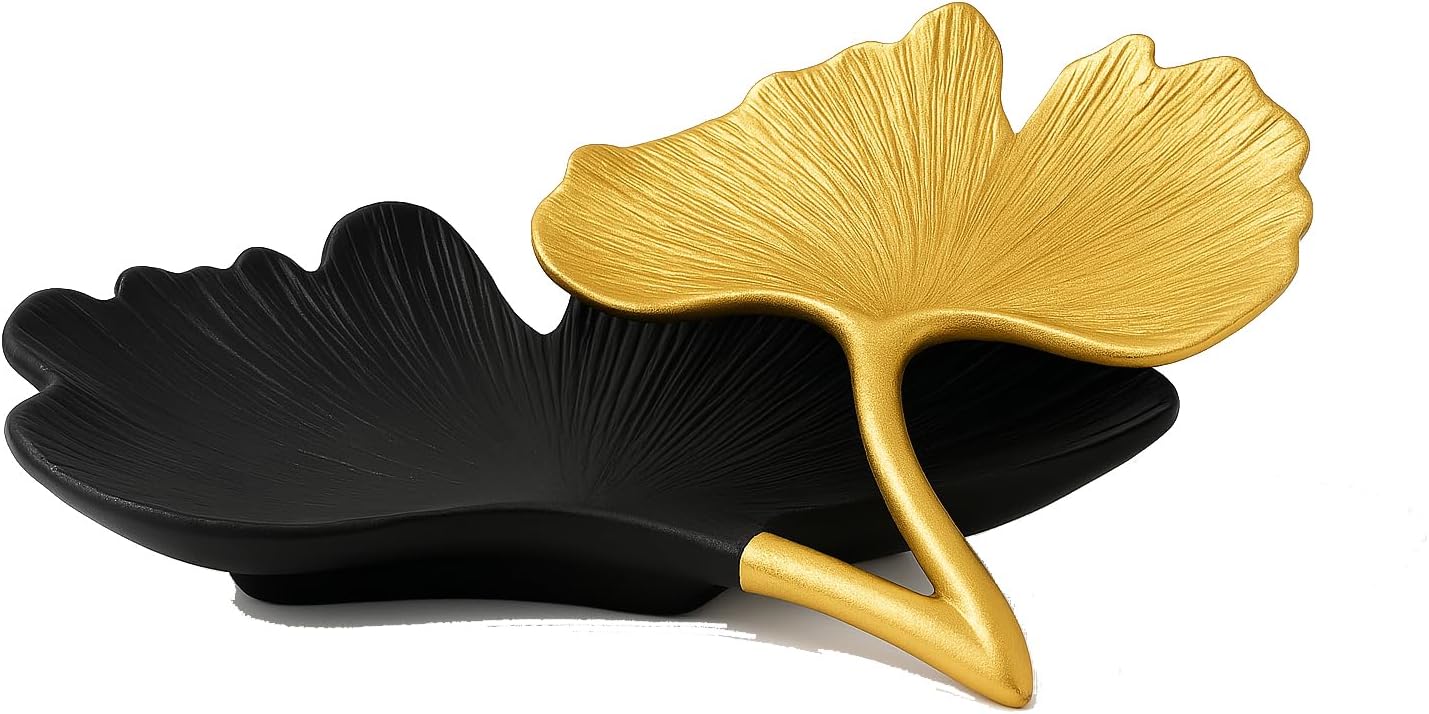 GUTE Large Decorative Black & Gold Ginkgo Leaf Tray for Serving Fruits, Appetizers - 2 Tier Centerpiece Home Decor Elegant Serveware Charchuterie Catch All for Entertaining, Wedding Gifts 11.5x13