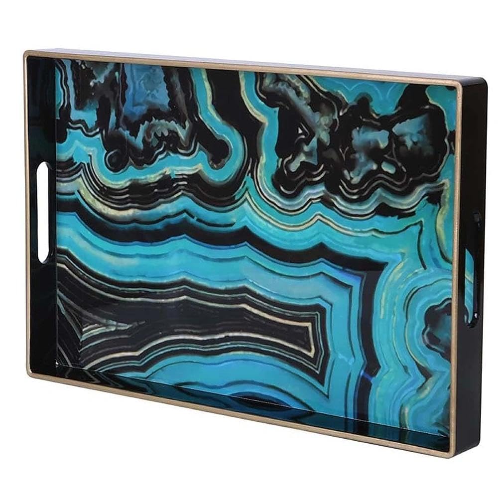 Simmer Stone Decorative Tray, Marbling Plastic With Handles, Rectangular Vanity And Serving For Bathroom, Kitchen, Ottoman And Coffee Table, 15.6” x 10.2” (Agate green)