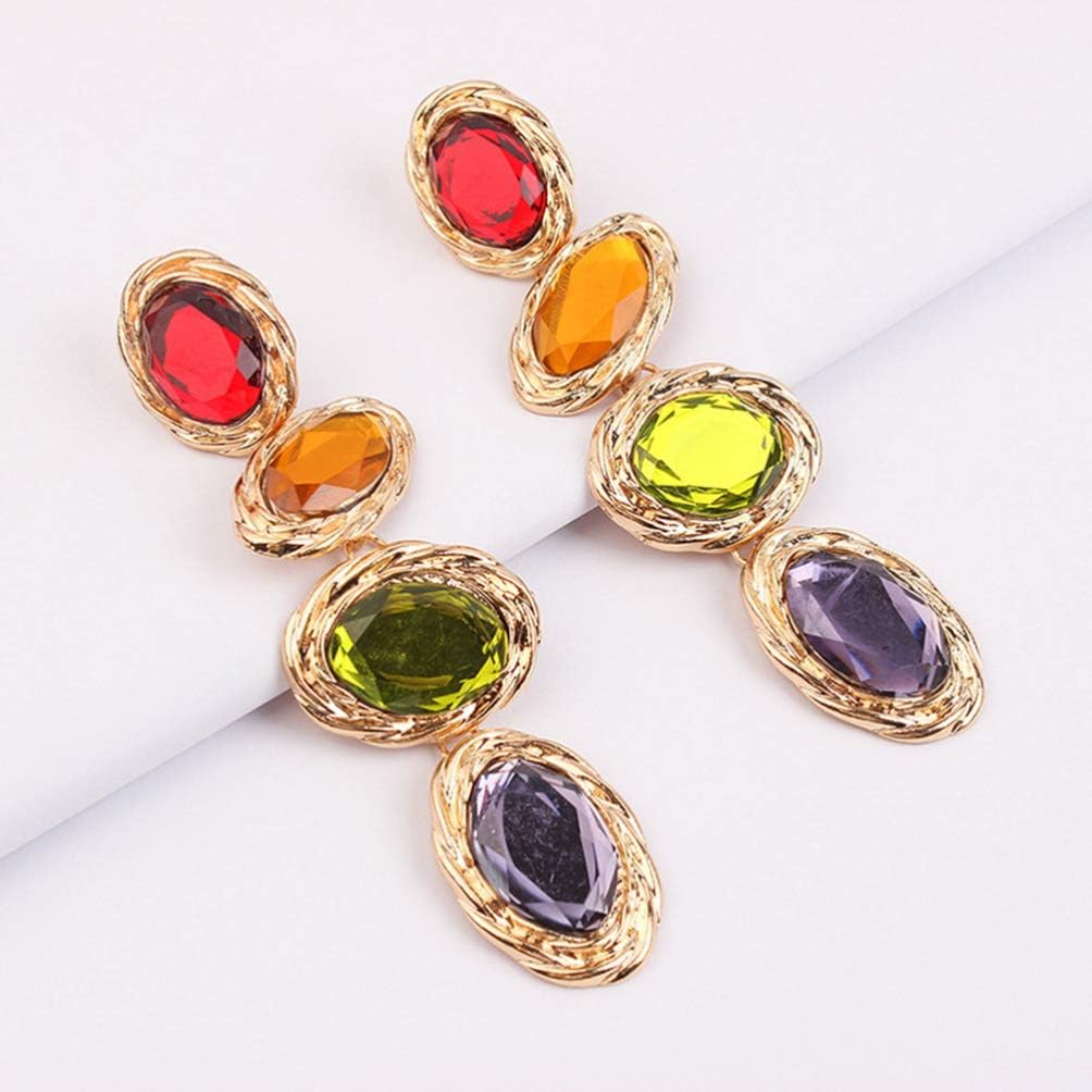 Happyyami Retro Gem Earrings Long Shining Rhinestone Eardrop Colorful Dangle Earrings for Women Vintage Style Party Beach Travel Jewelry - Image 4