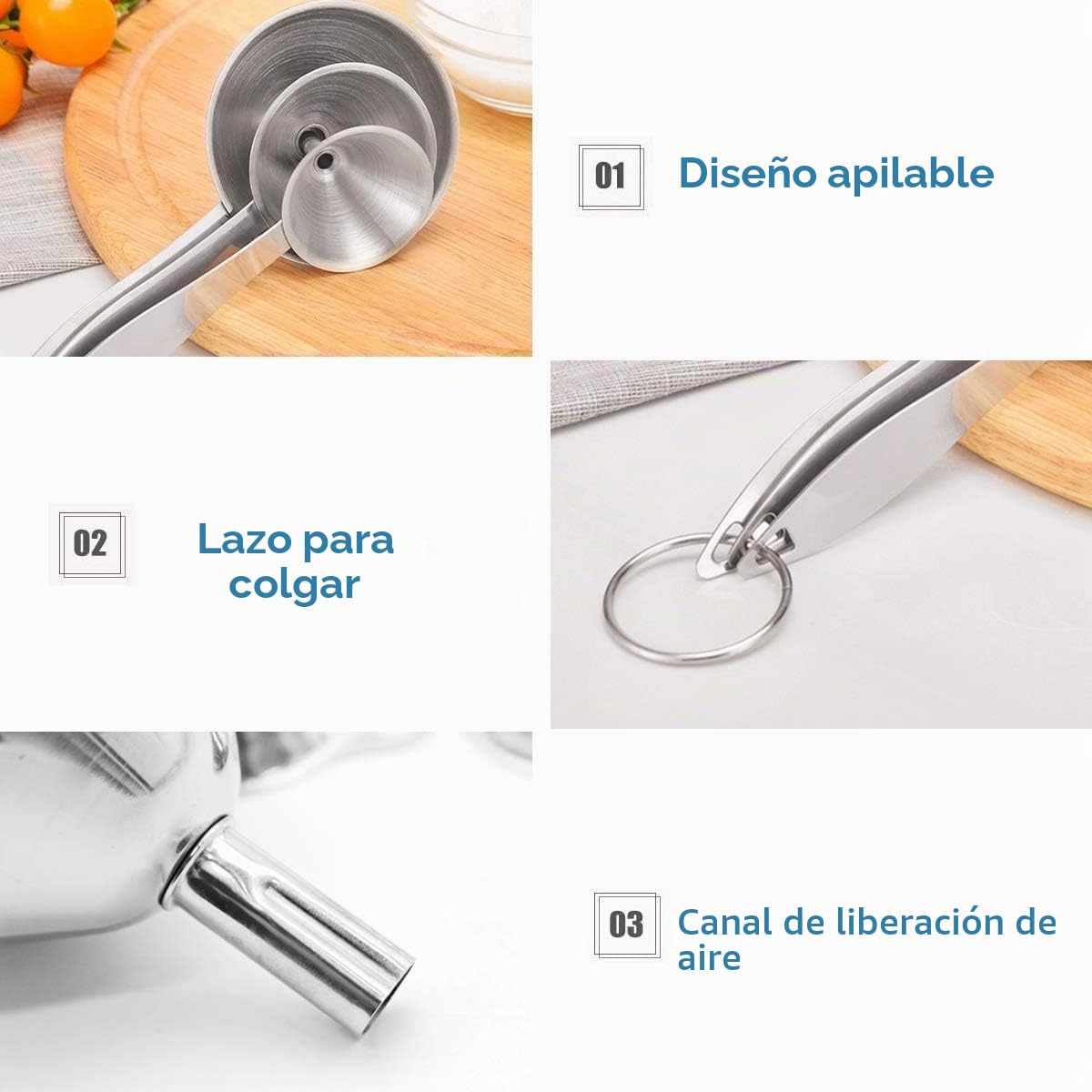 TSKDKIT Embudos de Acero Inoxidable, 3 piezas Embudo de Cocina con Mango Largo Pequeño de Metal, Embudo de Petaca de Acero para Transferir Líquidos y Polvo