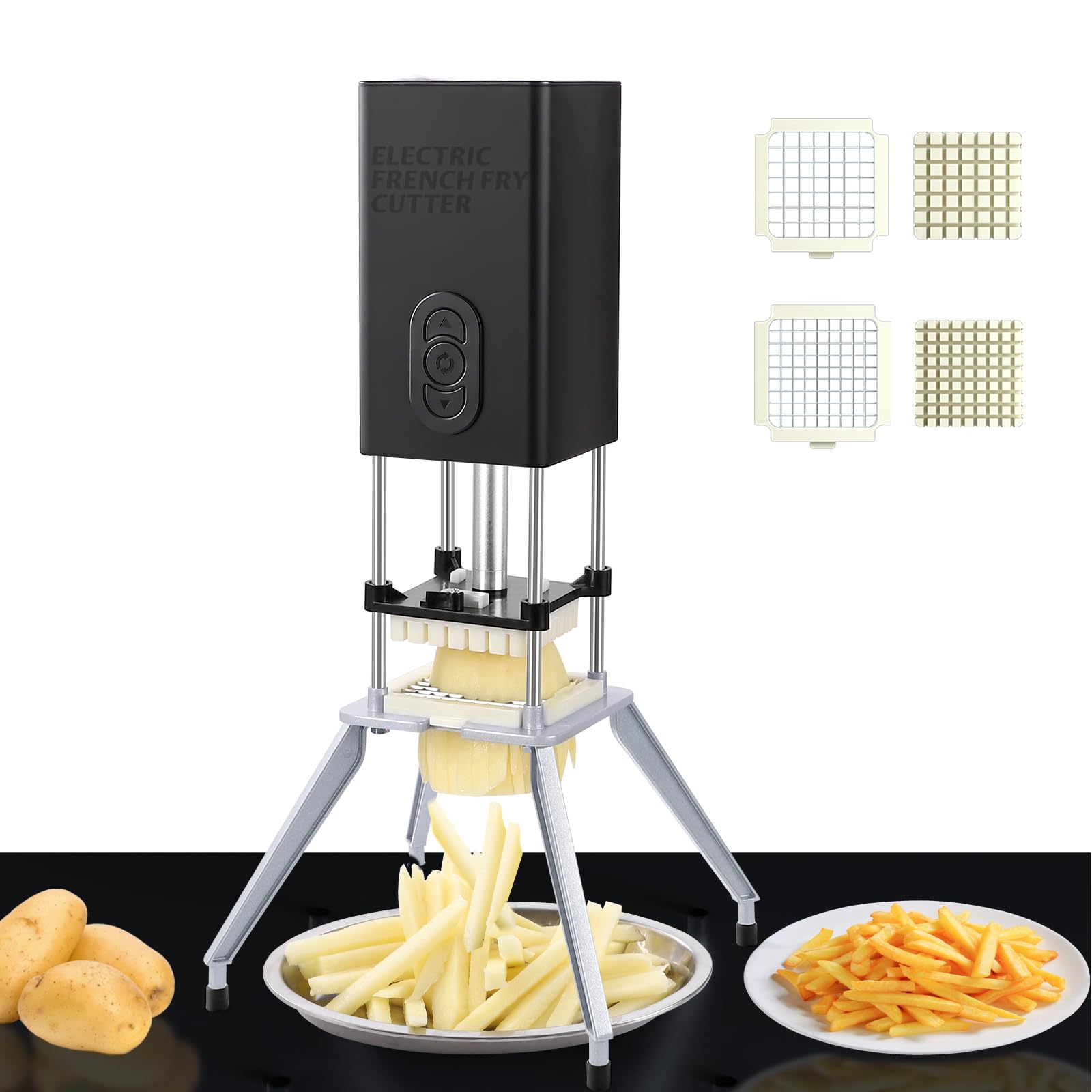 SIXRARI Electric French Fry Cutter, Vertical French Fry Cutter Stainless Steel, Professional Commercial and Household Potato Cutter with 1/2&3/8 Inch Blade, Automatic Potato Slicer (black)