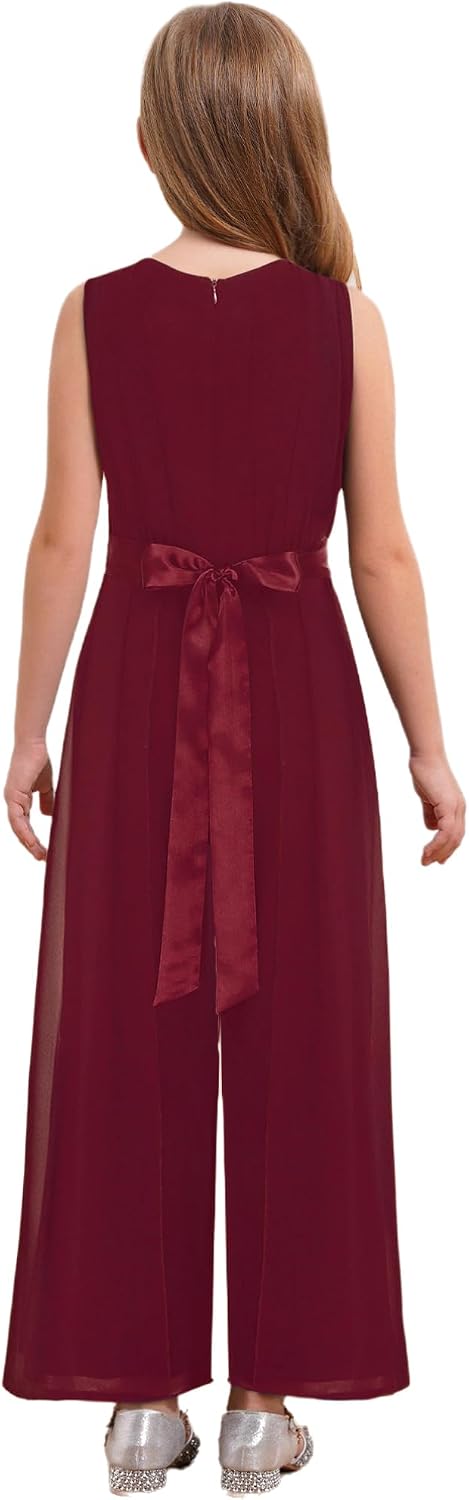 TiaoBug Girl's Chiffon Jumpsuit Dressy Casual Summer Sleeveless Overalls One Piece Outfit Long Pants Romper