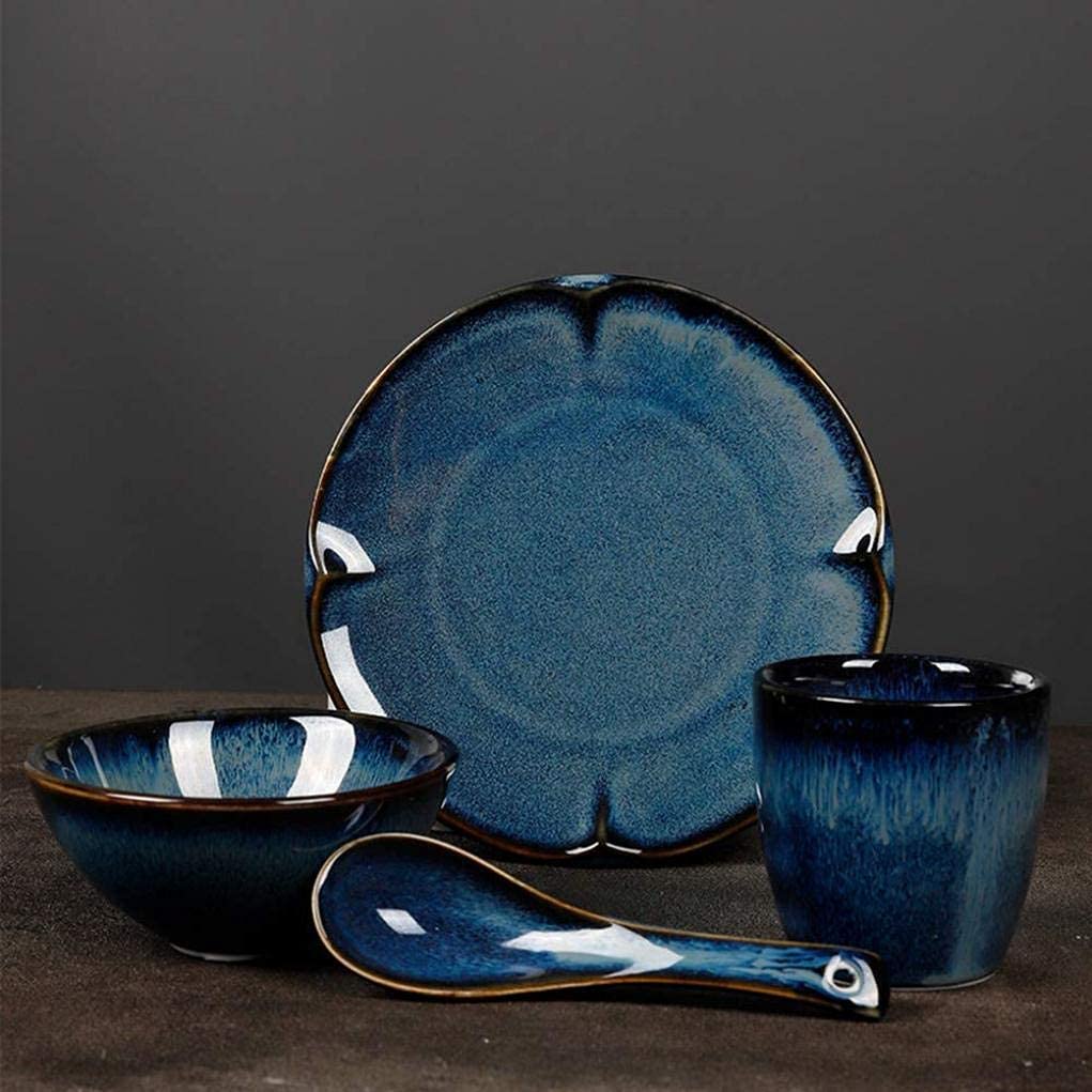 Ceramiczna zastawa stołowa, 16 sztuk Retro niebieska porcelanowa zastawa stołowa zestaw miska ceramiczna płyta łyżka i kubek serwis dla 4 osób szykowny wystrój
