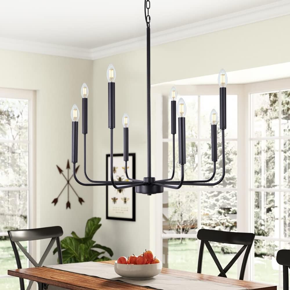 Wellmet Matte Black Farmhouse Chandeliers Light, 8-Light Classic Candle Ceiling Hanging Light Fixture Rustic Pendant Lighting for Kitchen Island, Dining Room, Living Room, 26"D Wellmet Matte Black Farmhouse Chandeliers Light, 8-Light Classic Candle Ceiling Hanging Light Fixture Rustic Pendant Lighting for Kitchen Island, Dining Room, Living Room, 26"D