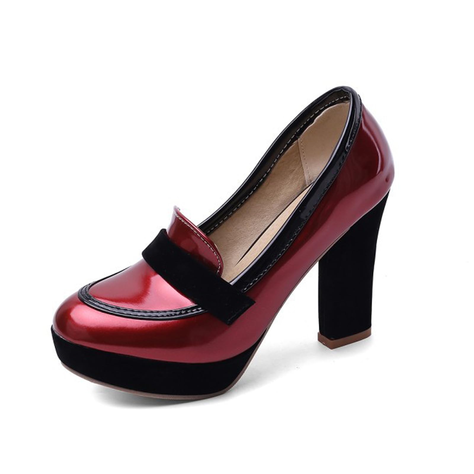 Women's Patent Leather Platform Chunky Heeled Pumps,Fashion Round Closed Toe High Heel Oxford Loafers,Comfortable Non-Slip Slip-On Office Dress Pump