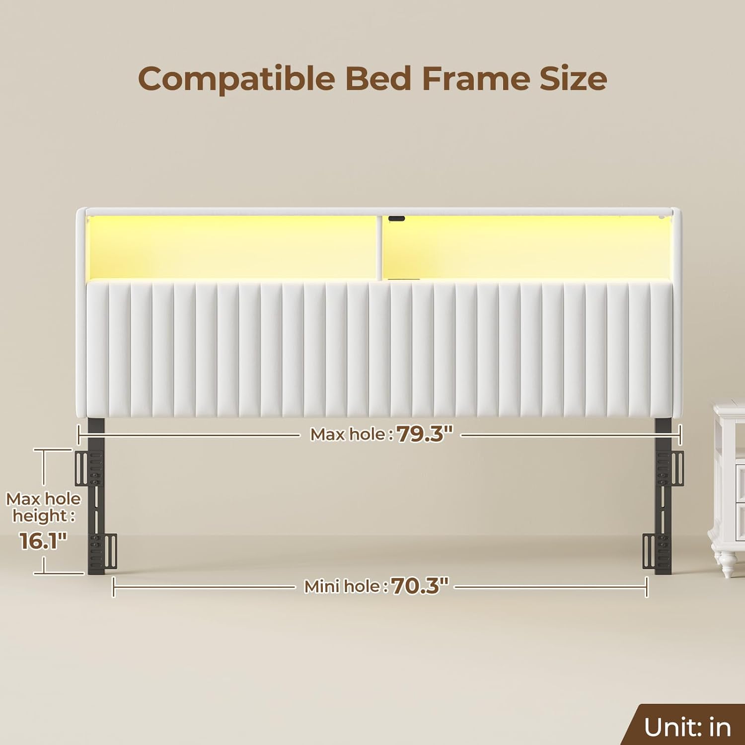 Rolanstar Headboard for King Size Bed with Storage, Head Board with USB & Type C Port, 60,000 DIY Color of LED Light, Velvet Upholstered, Height Adjustable, Sturdy, Easy Assembly, White