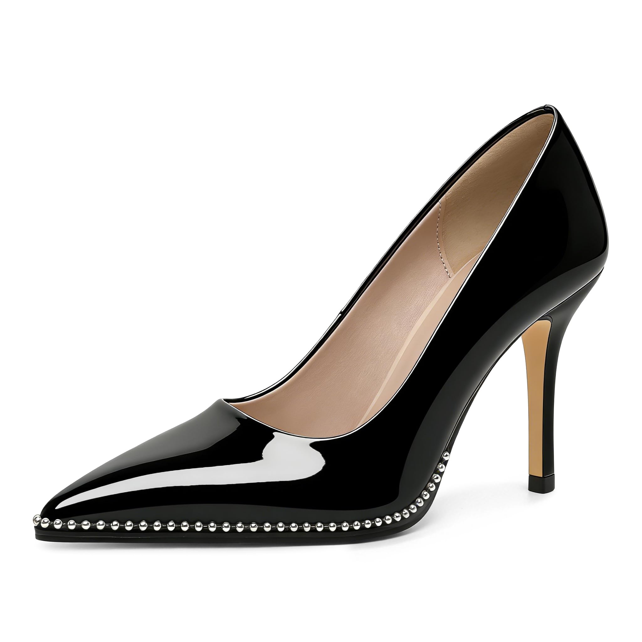 SAMMITOP Women Beaded Pumps Closed Pointed Toe High Heel Slip On Stilettos 3.5 Inch Sexy Heeled Dress Shoes Patent Leather