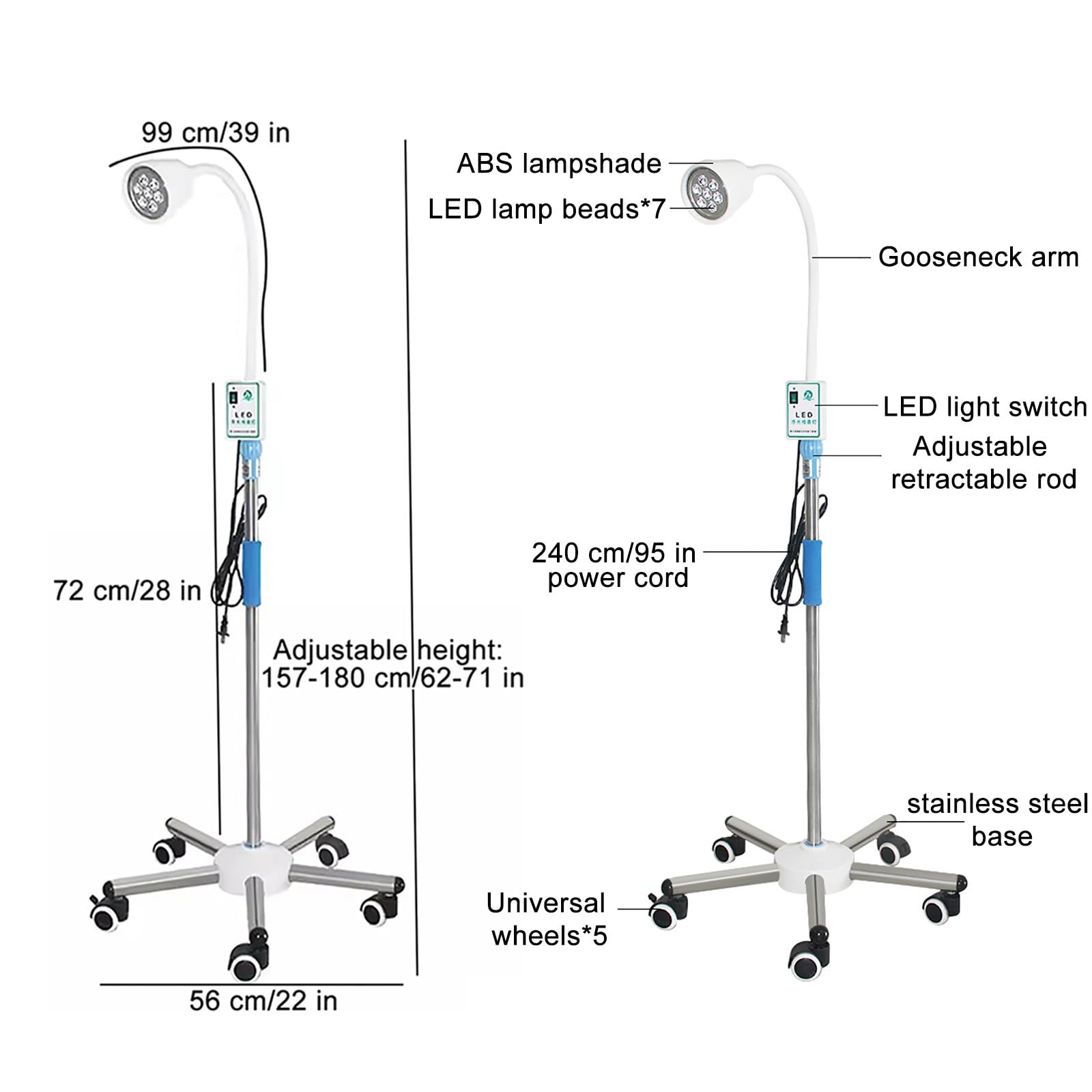 Lampada Mobile per Visita Ginecologica a LED da 21 W, Lampada da Visita Chirurgica Flessibile a Collo D'oca, Base Girevole con Ruote da Pavimento