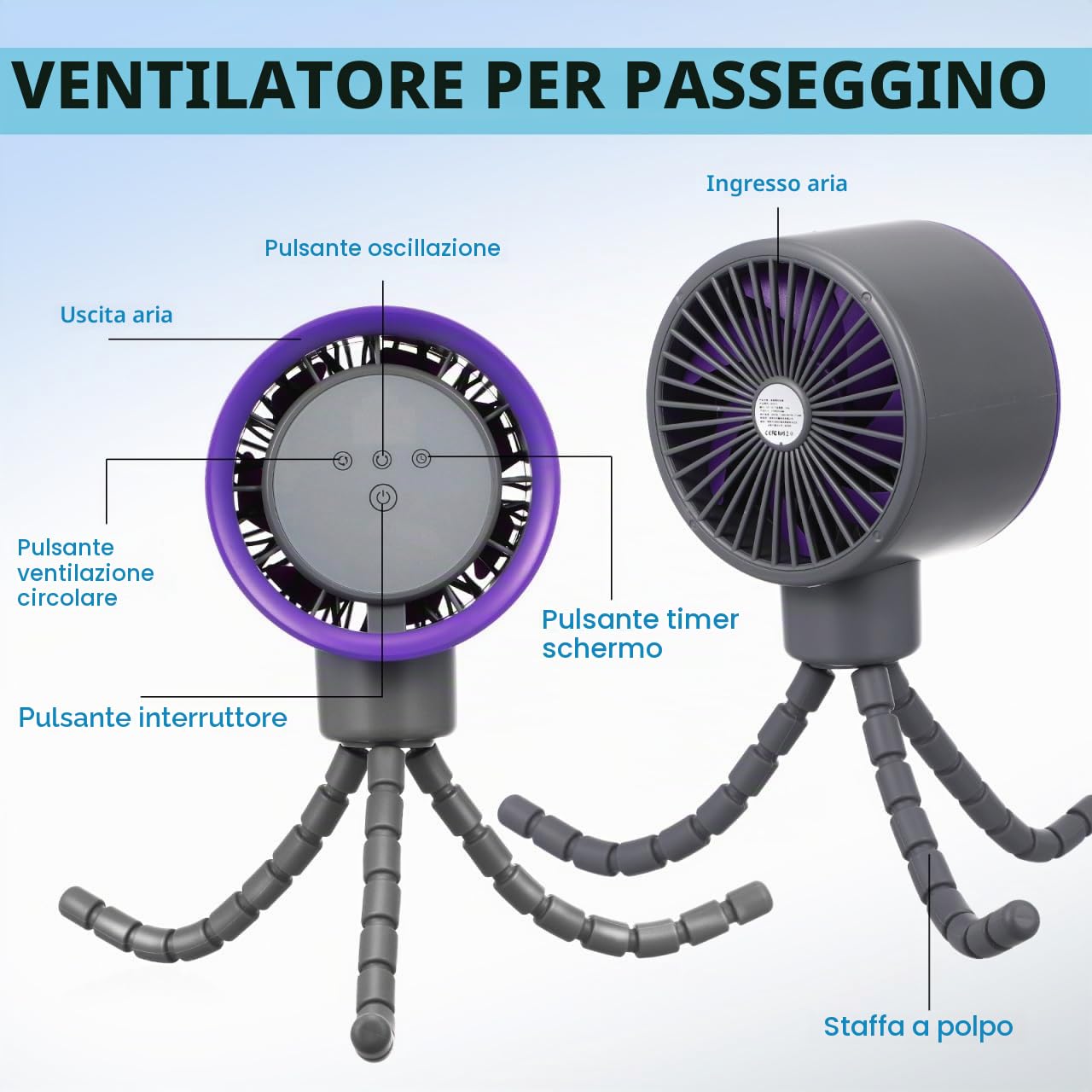 STOBAZA Ventilatore portatile per passeggino: ventilatore a clip a 360 gradi con treppiede flessibile – silenzioso ricaricabile per culla ufficio tapis bici e viaggi