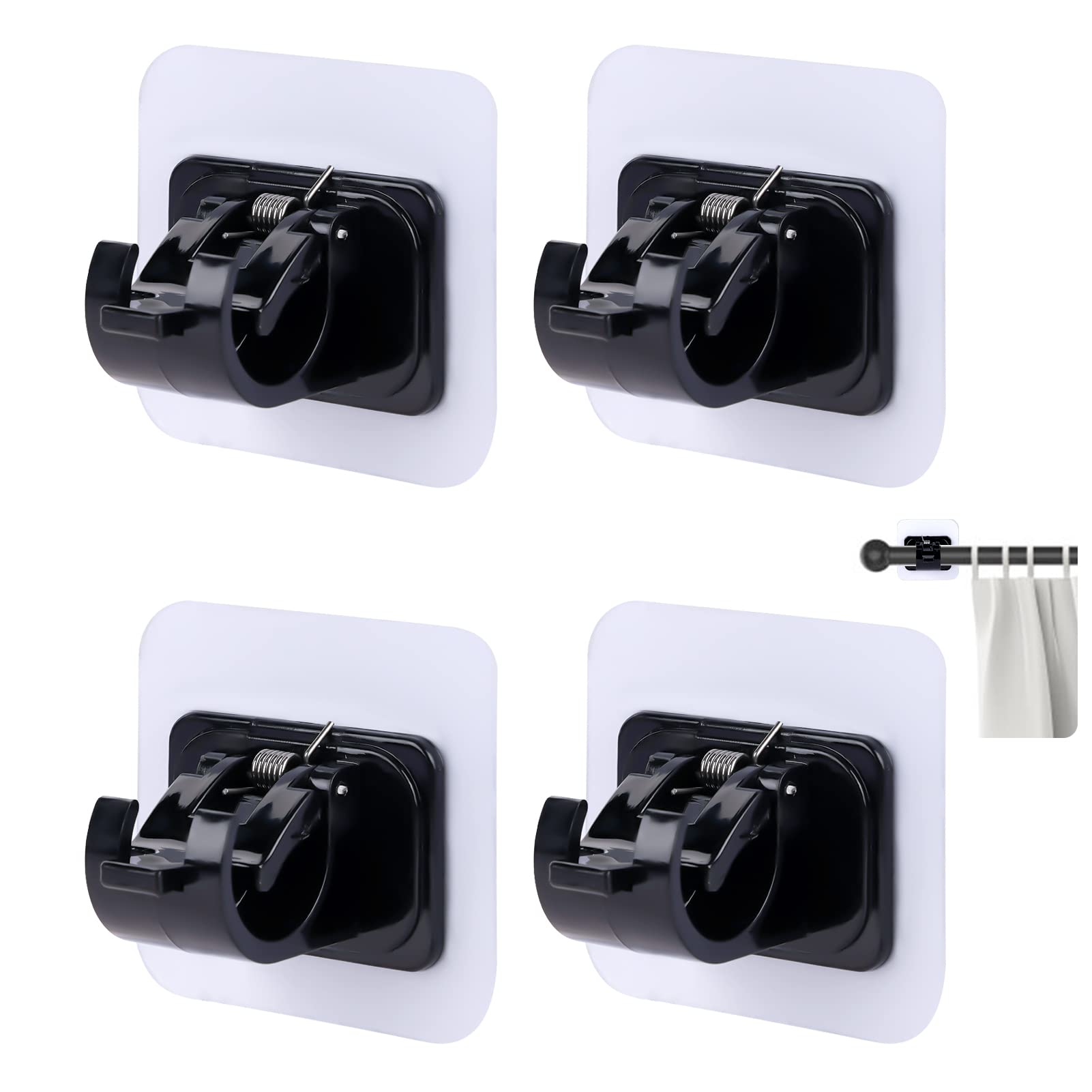 Adhesive Curtain Rod Bracket, Drapery Towel Hook Holders, Self-Adhesive, Suitable for Smooth Walls, Easy Installation for Home, Kitchen, Bathroom, Hotel Use (Black 4PCS)