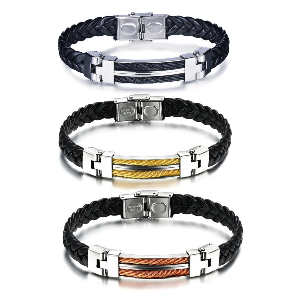 Yumilok Pulseras de acero inoxidable para hombre en negro, oro y naranja, 3 unidades, 20 centimeters, Cuero Acero inoxidable, Sin piedra