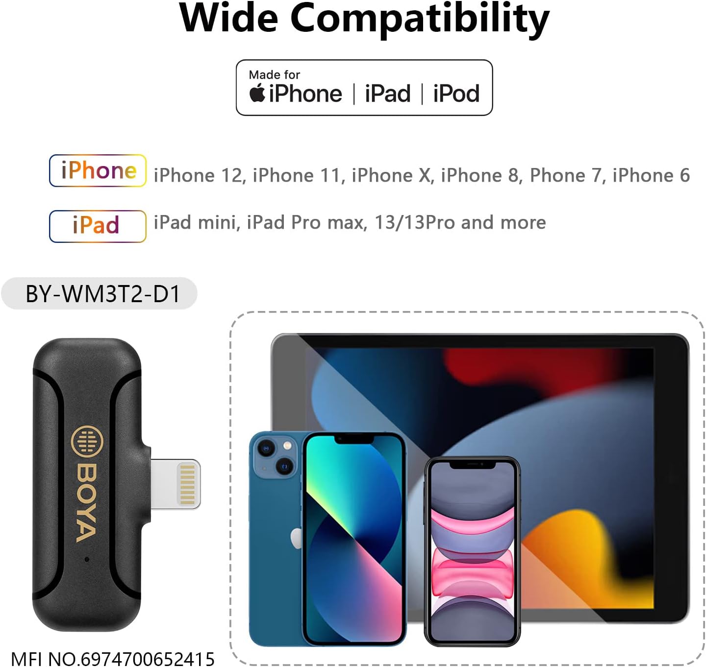 BOYA Wireless Lavalier Microphone for iPhone 12 iPad Vlog, BY-WM3T2 D1 Wireless Handheld Microphone System for Recording, Live Stream, YouTube, TikTok, Facebook, Noise Reduction Auto-Sync