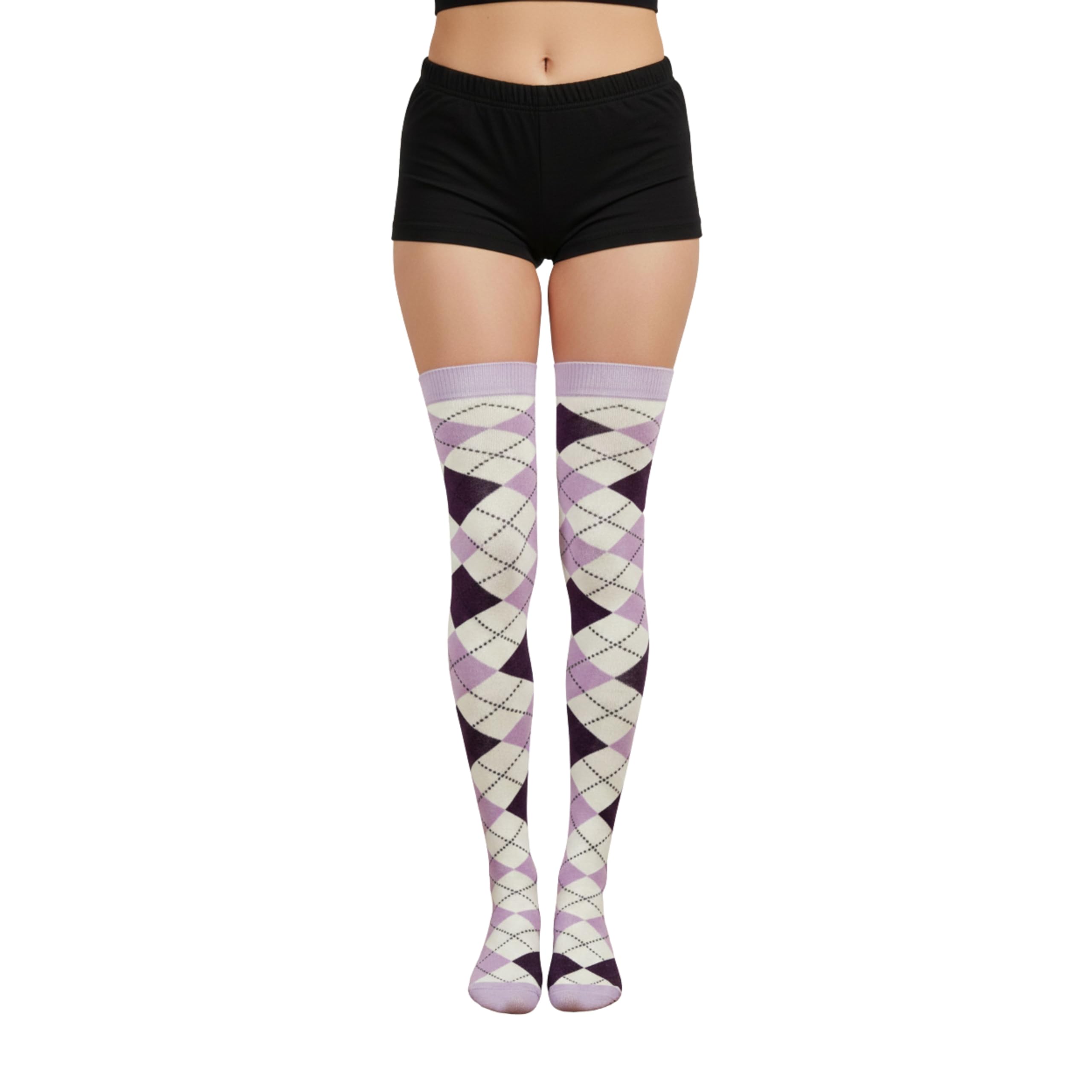 Shopmcr 4 Pairs, (Purple/ L Purple) Purple & L Purple Argyle Over The Knee Socks (4 Pairs) Uk 4-6 | Non-Binding Diamond Plaid Uniform Stockings | Festive Wear (4-6, 4P, Pr/L Pr)
