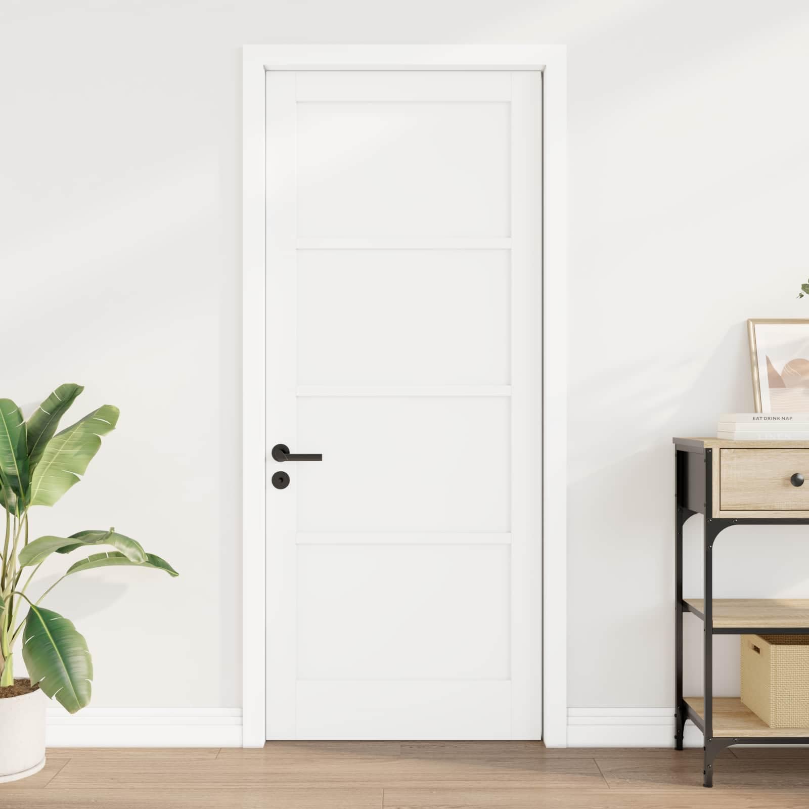 Puerta de granero interior blanca 83 x 202 cm de madera contrachapada y madera de pino macizo, sistema deslizante, ahorro de espacio, diseño rústico moderno
