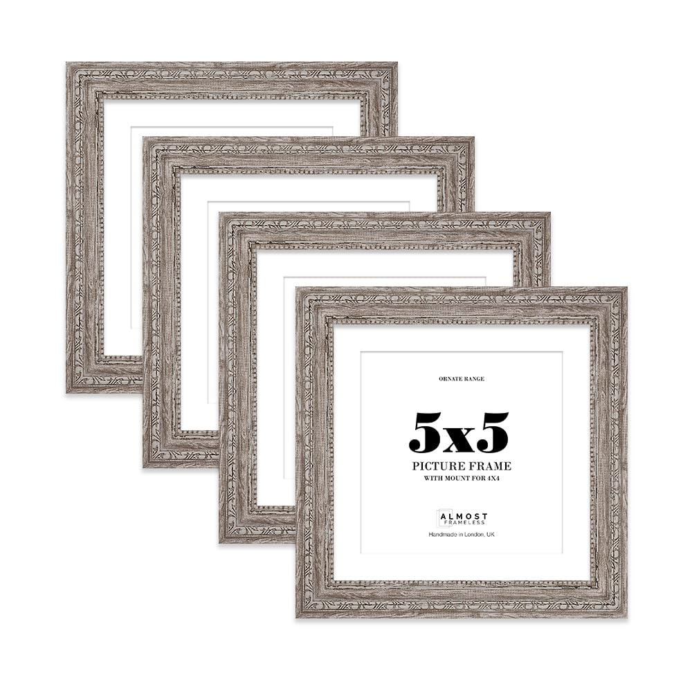 Walnut Ornate Picture Frame 5x5 With 4x4 Mount for Photos - Wall & Table Display, Square, 4 Pack