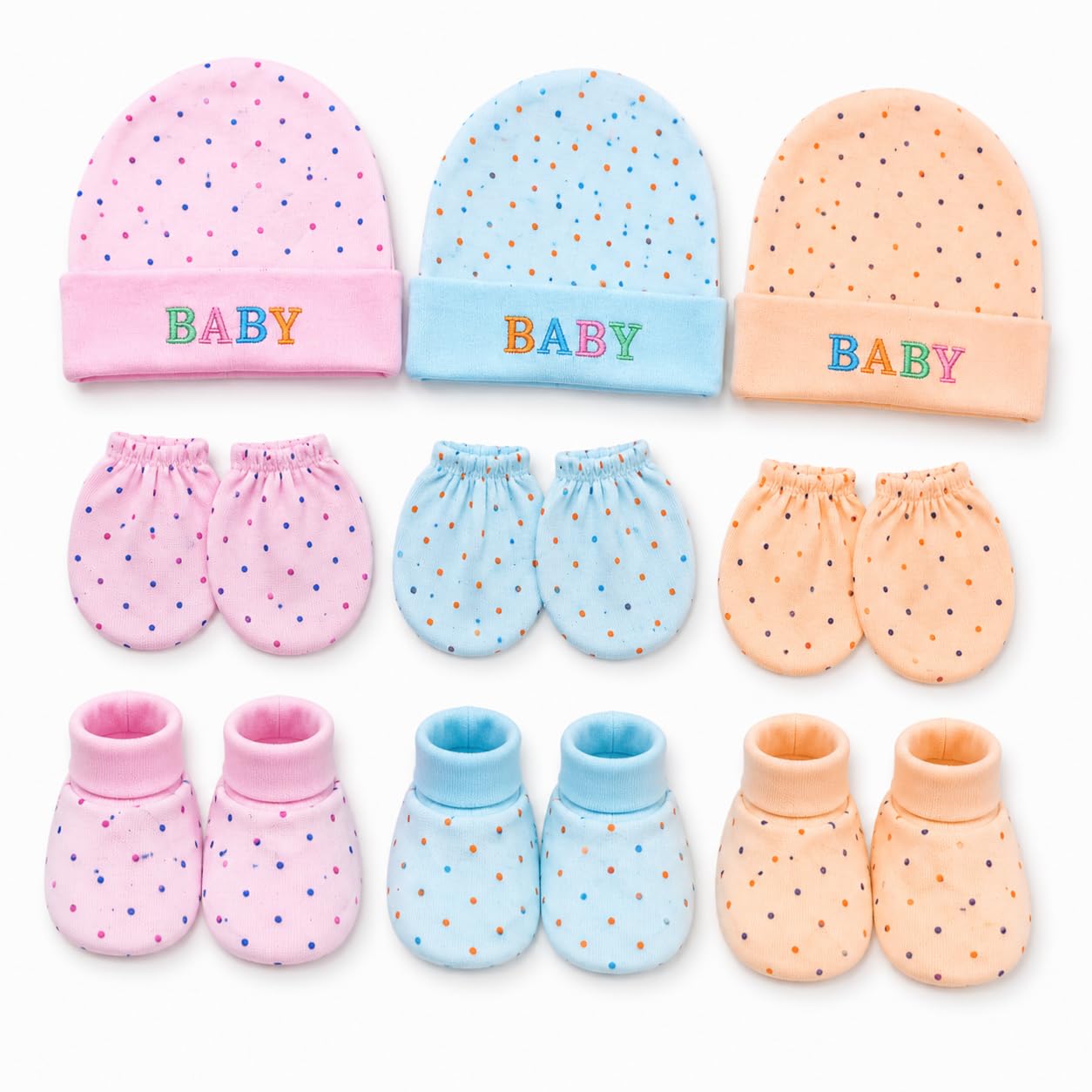 First Kick Baby Mitten Booty Cap Set - 3 Sets (Multicolour) Mittens for New Born Baby 0-6 Months | Useful | Pocket-Friendly | Soft New Born Cotton-image-10