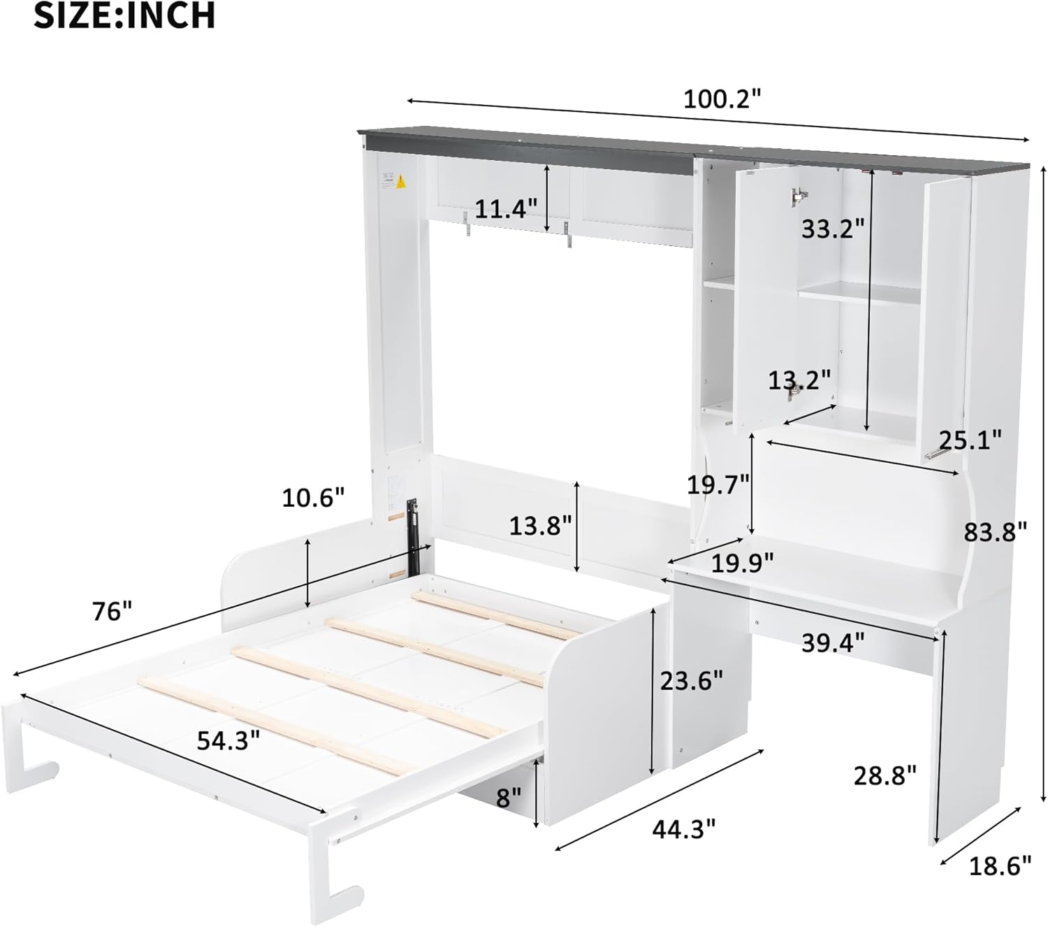 Technical diagram showing the dimensions of the Polibi Multi-Functional Murphy Bed system, including length, width, and height measurements for the bed, sofa, desk, and cabinet components.