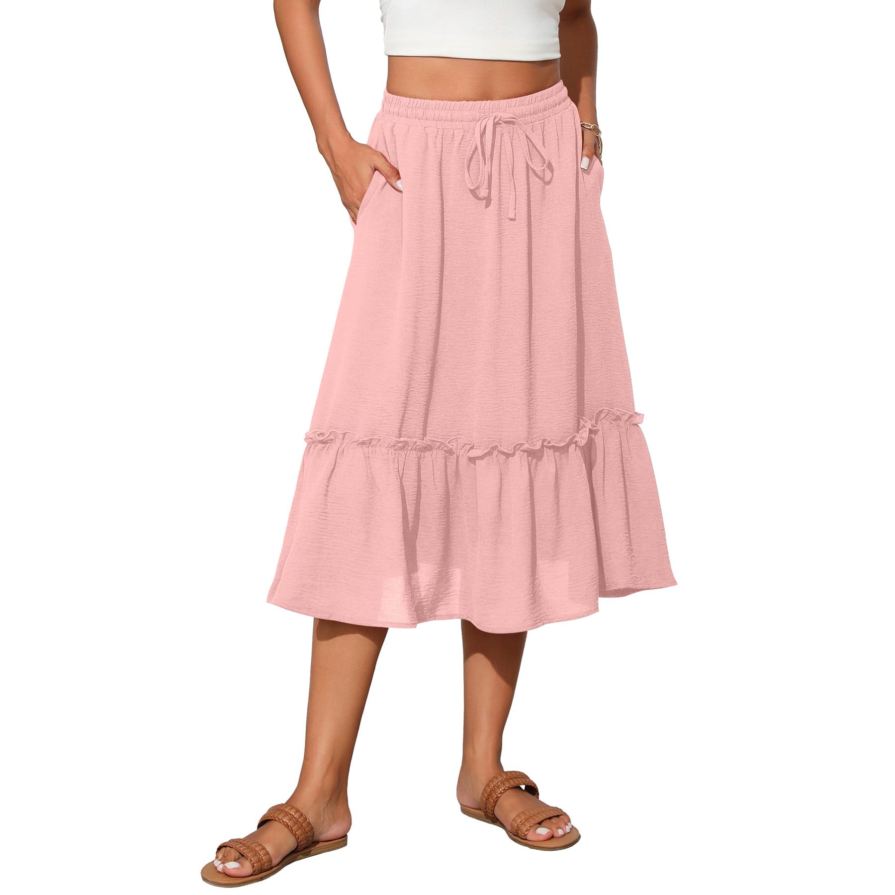 Witsmile Womens High Waist Tiered Midi Skirt Flowy Long Length with Pockets