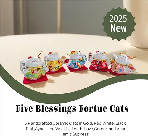 Miniatura 2 de Lucky Statue - Juego de figuras de cerámica china de gato, 5 mini gatos de la fortuna, adorno de escritorio pequeño, colección de ideas asiáticas