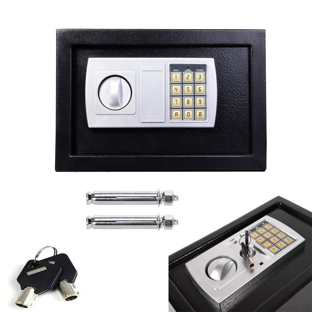 Electronic Safe with Digital Keypad and 2 Emergency Overide key, 8.5L Security Digital Safebox for Home Office Hotel, Steel Locking Bolts, Fireproof and Waterproof WallSafes, 31x20x20cm, Black