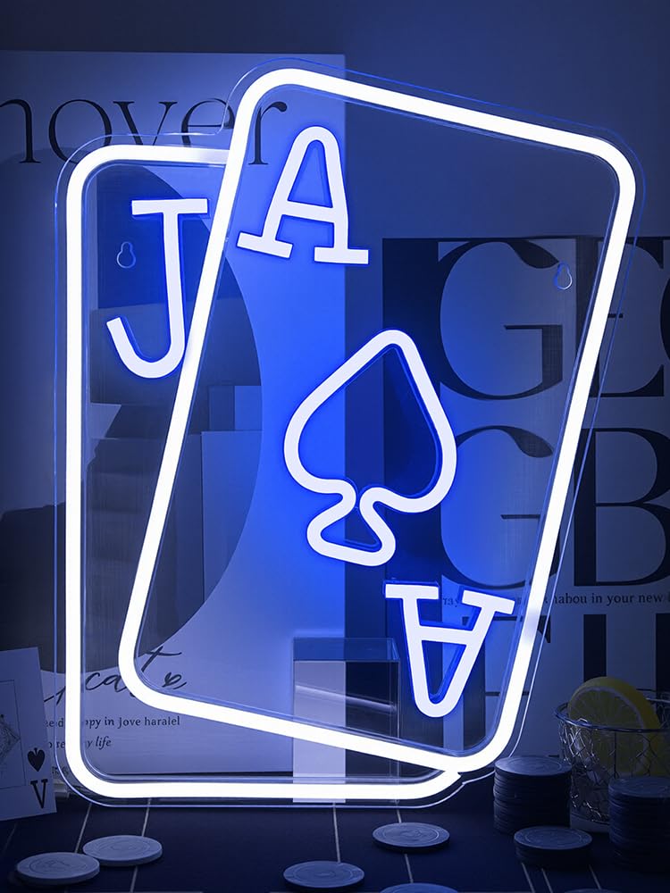 Gamerneon Playing Cards Neon Signs for Wall Decor Poker Teens Led Neon Light Blue White Usb Light Sign for Bedroom Casino Bar Hotel Play Room Birthday Party Decor