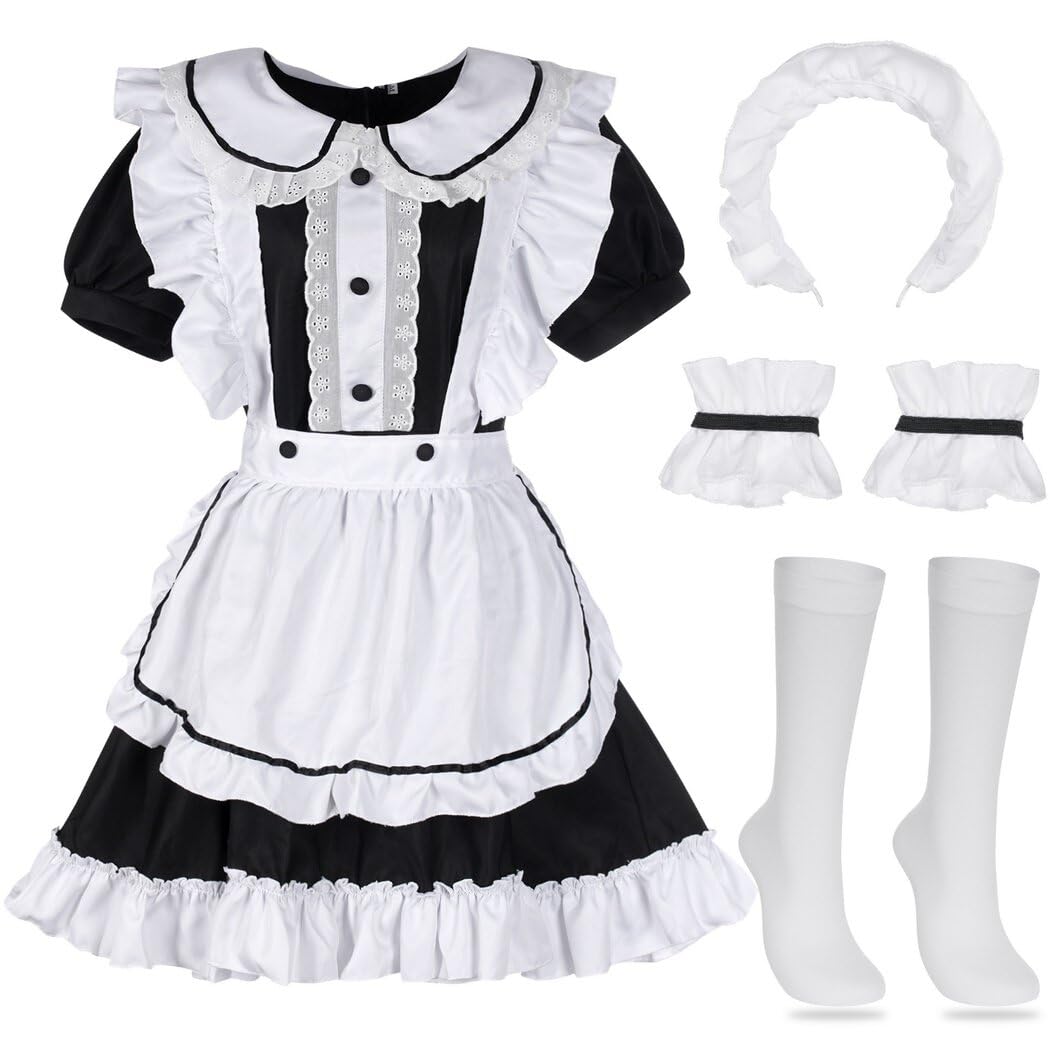 COYLINK Maid Cosplay Dress Set, French Maid Apron Lolita Fancy Dress, Anime Cute Cosplay Costume With Headband White Socks