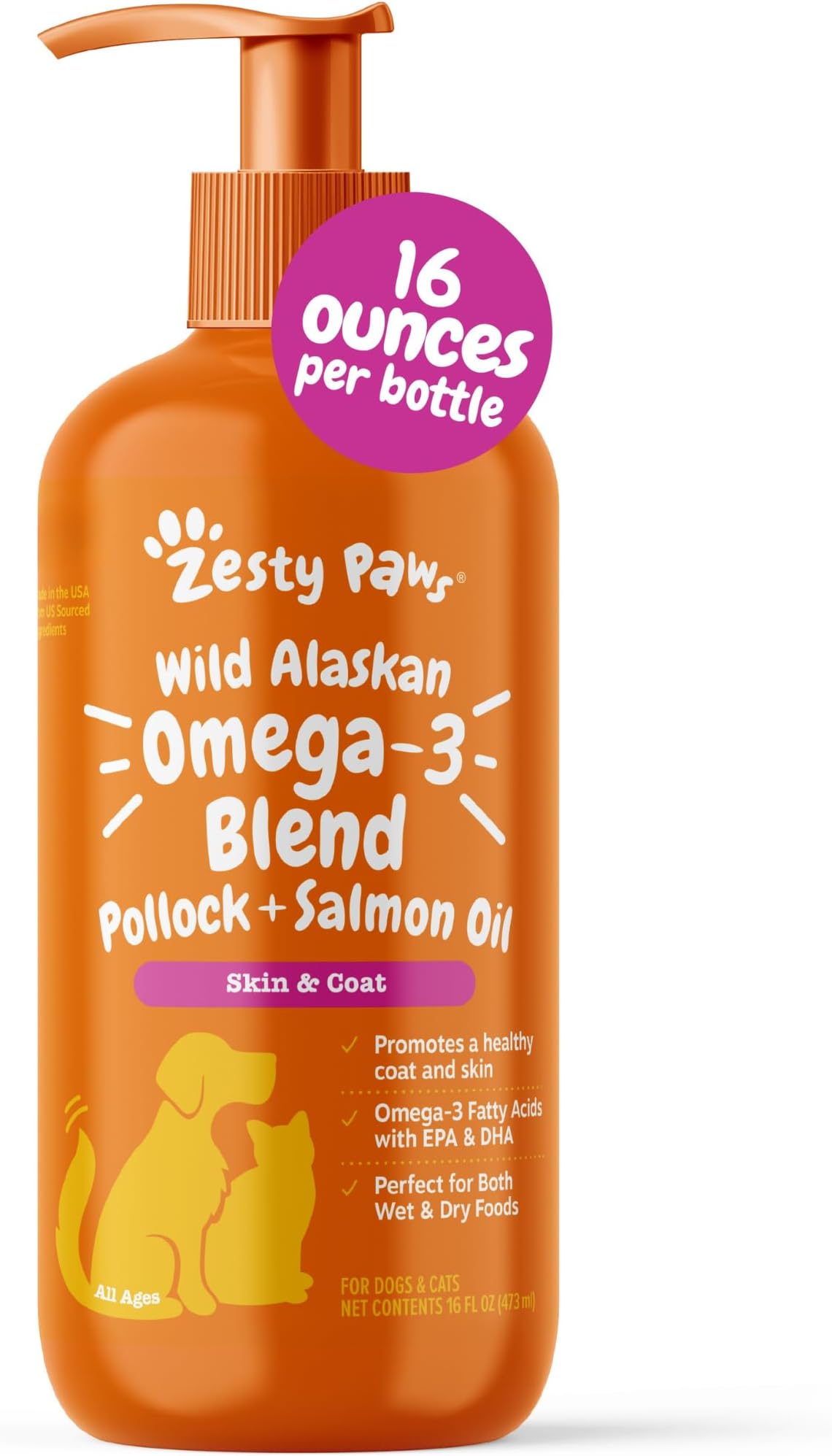 Zesty Paws Wild Alaskan Omega-3 Blend Pollock + Salmon Oil for Dogs and Cats- Skin and Coat Support, Omega 3 Supplement for Pets, 16oz