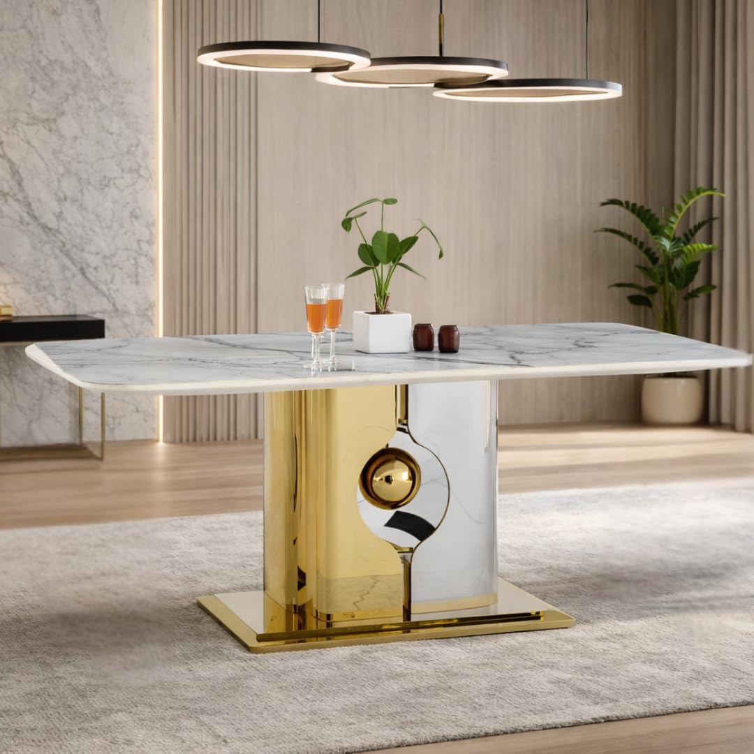 Royaloak Zurich Italian Marble Dining Table Six Seater | Premium Marble Top Dining Table with Rounded Edges, Central Pedestal Base & Black Nickel Accents | Luxurious Heavy-Duty Design-image-34
