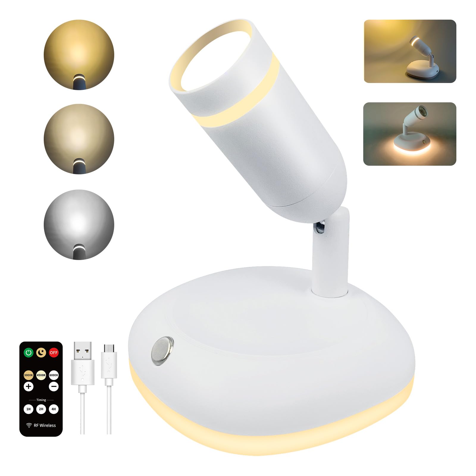 LEASTYLE Wireless Rechargeable Spotlights Indoor for Plants,4000mAh Battery Operated Spotlight with Remote Timer,3000K-6000K Adjustable Dimmable LED Indoor Lighting for Paintings Accent Decor (White)