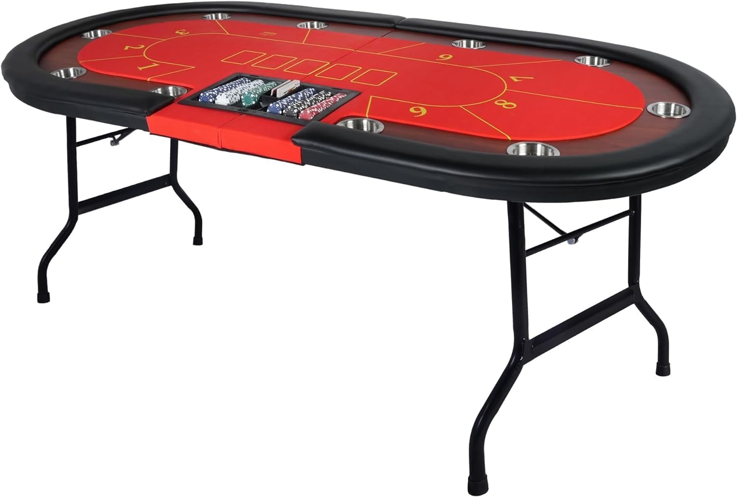 DC DICLASSE Upgrade 10 Player Poker Table, 84" Folding Oval Table with Stainless Steel Coasters & Cushion Rails, Casino Felt Top Texas Hold'em Table,
