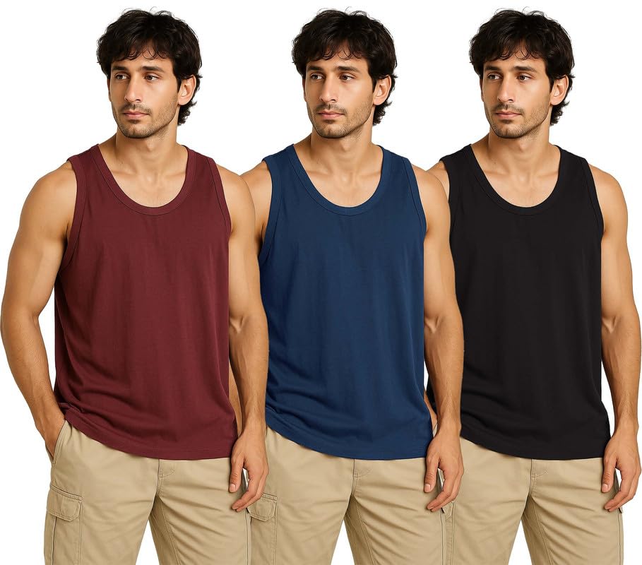 Men's Cotton Blend Vest for Daily Comfort | Sleeveless Undershirt for Gym, Workout, and Innerwear Use | Soft, Breathable, Lightweight Fabric | Ideal for All-Day Wear_Pack of 3