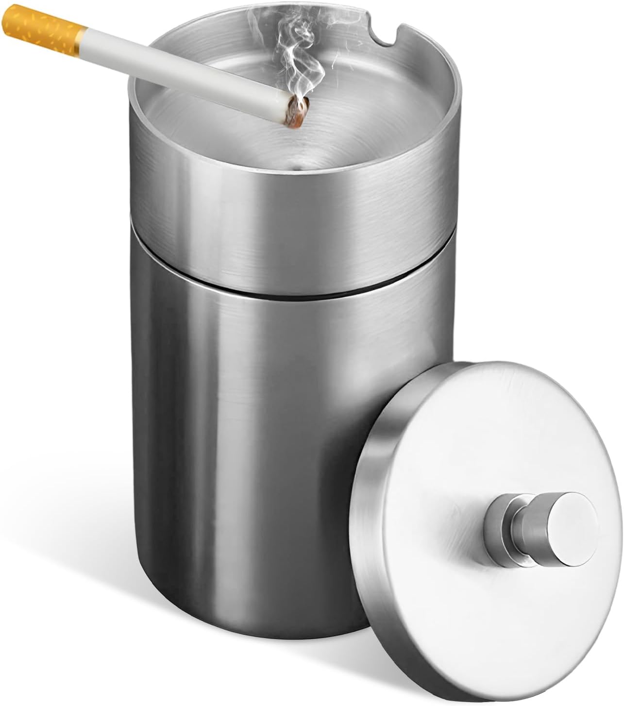 Car Ashtray with Lid, Stainless Steel Smokeless Ash Tray Windproof Extinguished Butt Bucket, Portable Detachable Cigarette Ashtray for Car Cup Holder Home Office Travel (Silver)