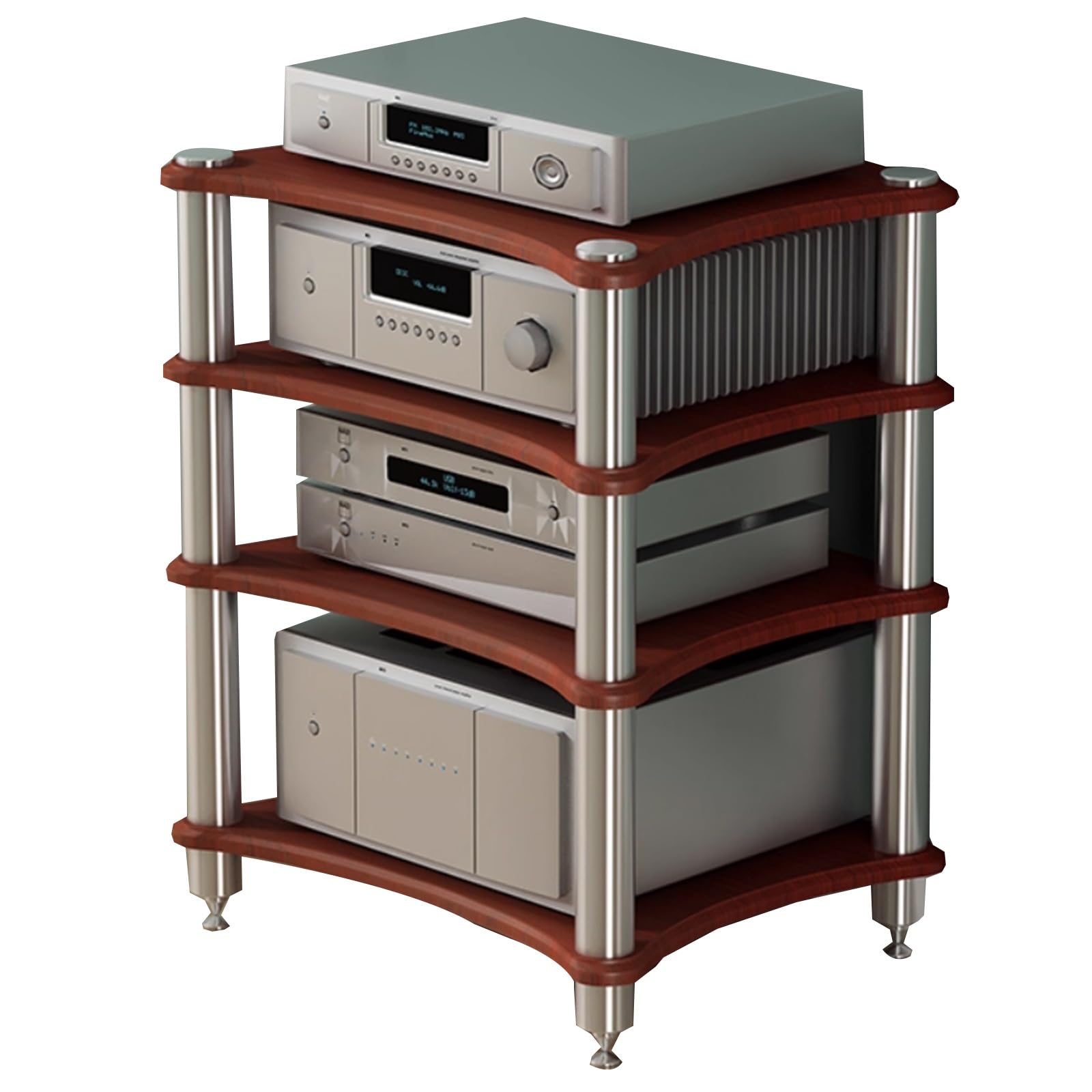Rack audio HiFi a 4 livelli per amplificatori, ricevitori e giradischi, robusto supporto per altoparlanti con punte, componente AV, console multimediale per home theater (marrone)