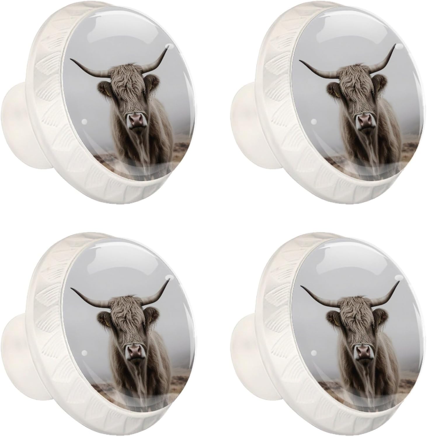 NEWzone 4 Pack White Cabinet Knobs, Highland Cow Decorative Kitchen Cabinet Drawer Knobs, Round Handle for Dresser Drawer Kitchen Closets Furniture Cupboard Door