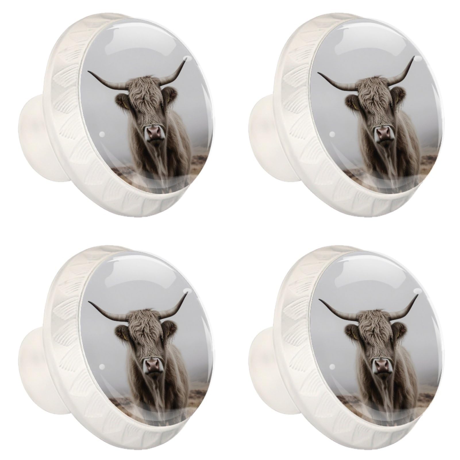 NEWzone 4 Pack White Cabinet Knobs, Highland Cow Decorative Kitchen Cabinet Drawer Knobs, Round Handle for Dresser Drawer Kitchen Closets Furniture Cupboard Door
