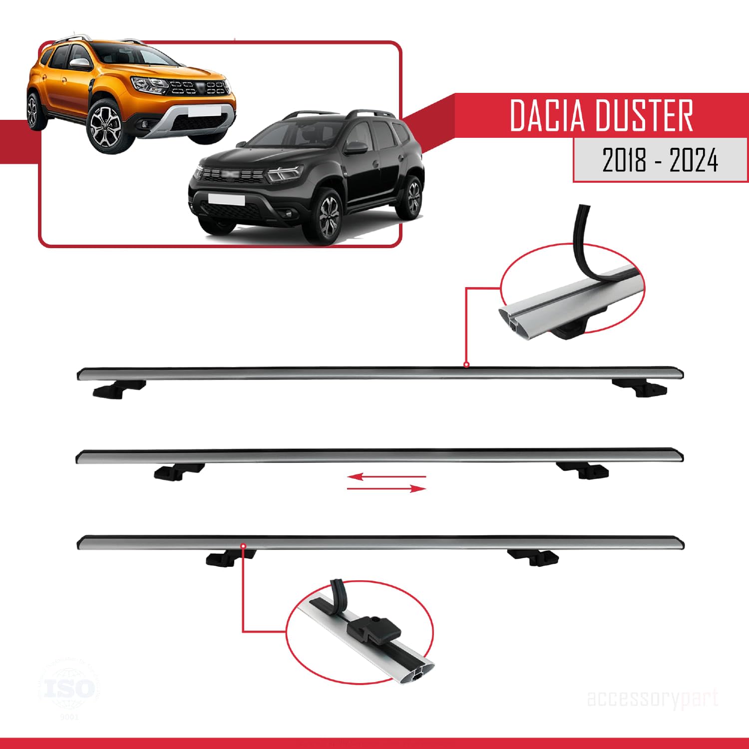 Kompatybilny z Dacia Duster 2 (HM) 2018-2024 BASIC Model Aluminiowy bagażnik dachowy 3 poprzeczki, szary