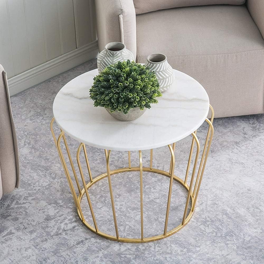 NEST NATURE HAVEN Modern Coffee Table Round Center Table Wooden Marble Pattern with Metal Frame, Industrial Sofa Side Corner End Table for Living Room Bedroom Balcony (White)