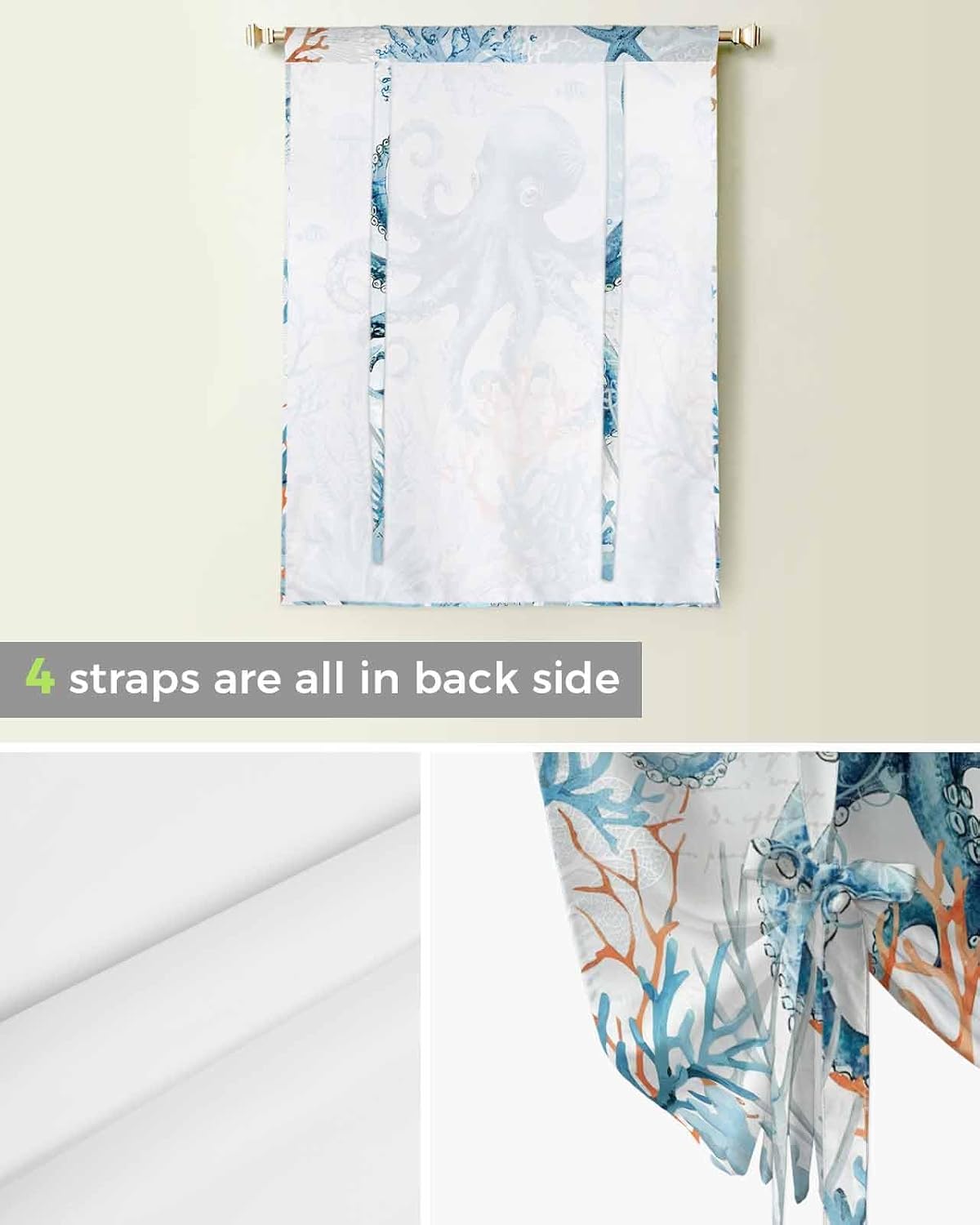 Octopus Tie Up Curtains for Windows 63 Inch Length Balloon Curtains Kitchen Adjustable Balloon Window Shade Blue Coastal Starfish Ocean Coral Nautical Tie Up Valance Bathroom Curtain Window 46"x63"