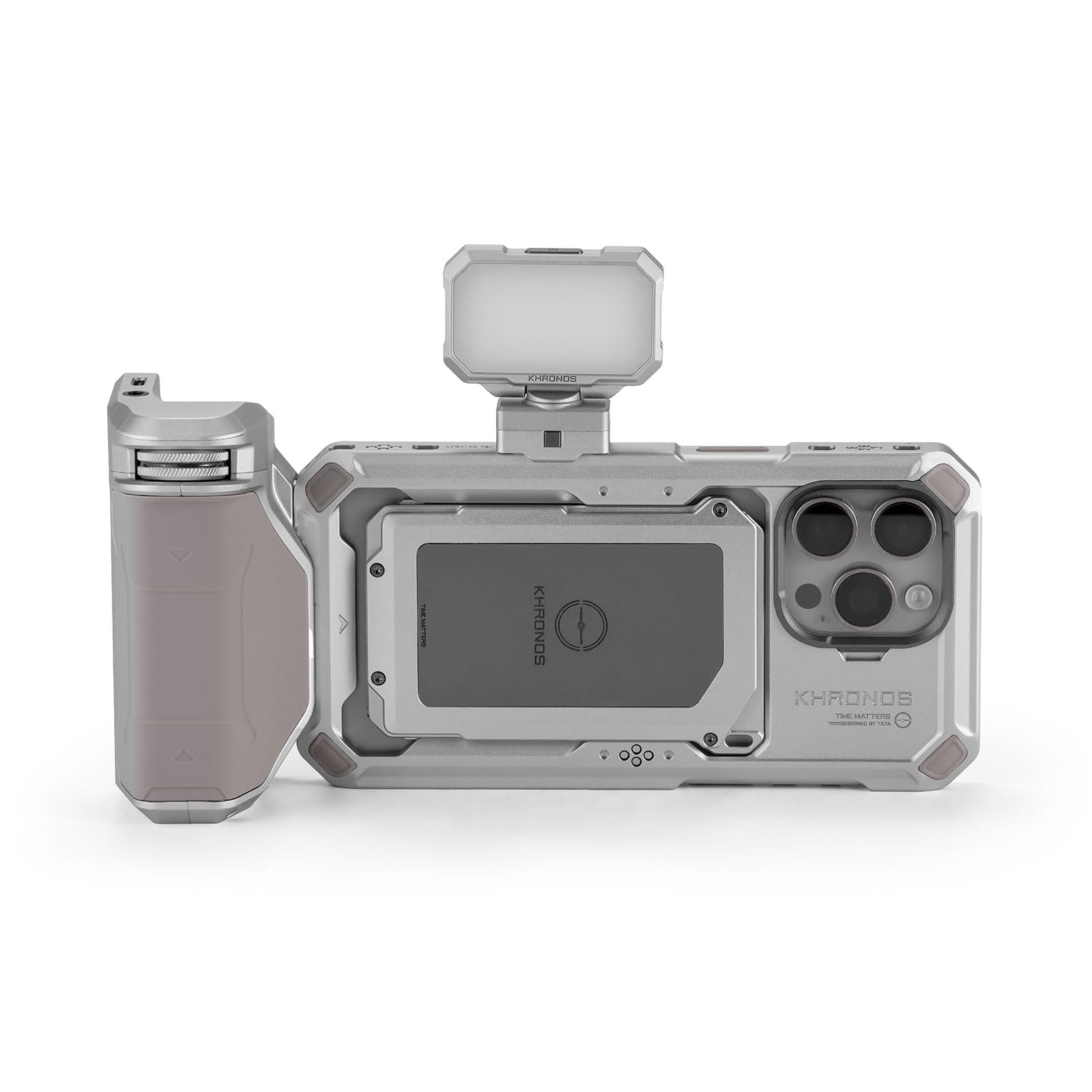 TILTA Khronos - Jaula de teléfono para iPhone 15 Pro Max con mini panel LED y mango Focus PD, equipo de video móvil, estabilizador de funda para smartphone, kit básico de titanio blanco TK-IP15-PMB-TW