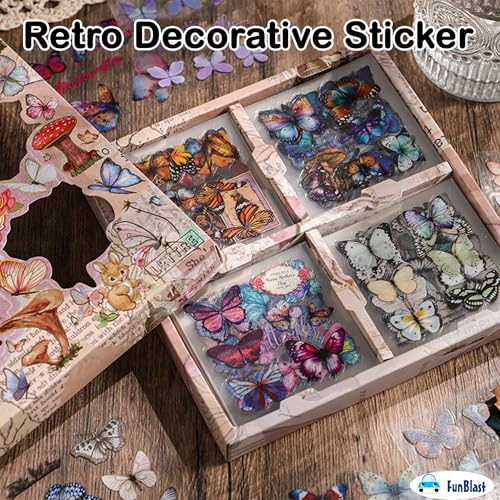 Image of FunBlast Self Adhesive 640Pcs /100 Sheets, Aesthetic Butterfly Stickers, Retro Decorative Sticker's for Scrapbook, Japanese Style Sticker's for Project, Journals, Scrapbooking (C)