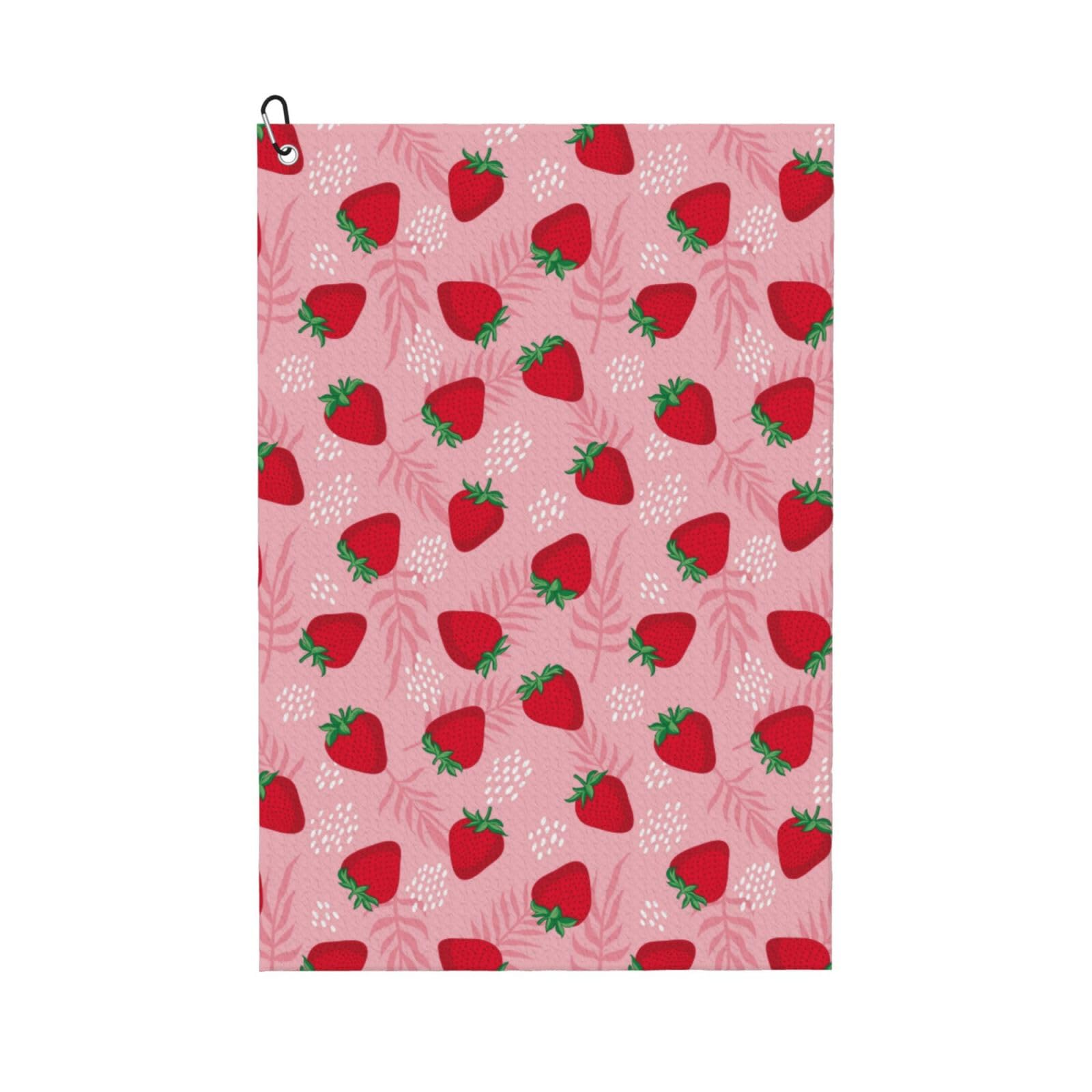 AOOEDM Strawberry Print Golf Towel with Carabiner Clip Absorbent Microfiber Golf Towel for Cleaning Golf Ball Club Putter Iron for Golf Bag Trolly Belt Loop 16" X 24"