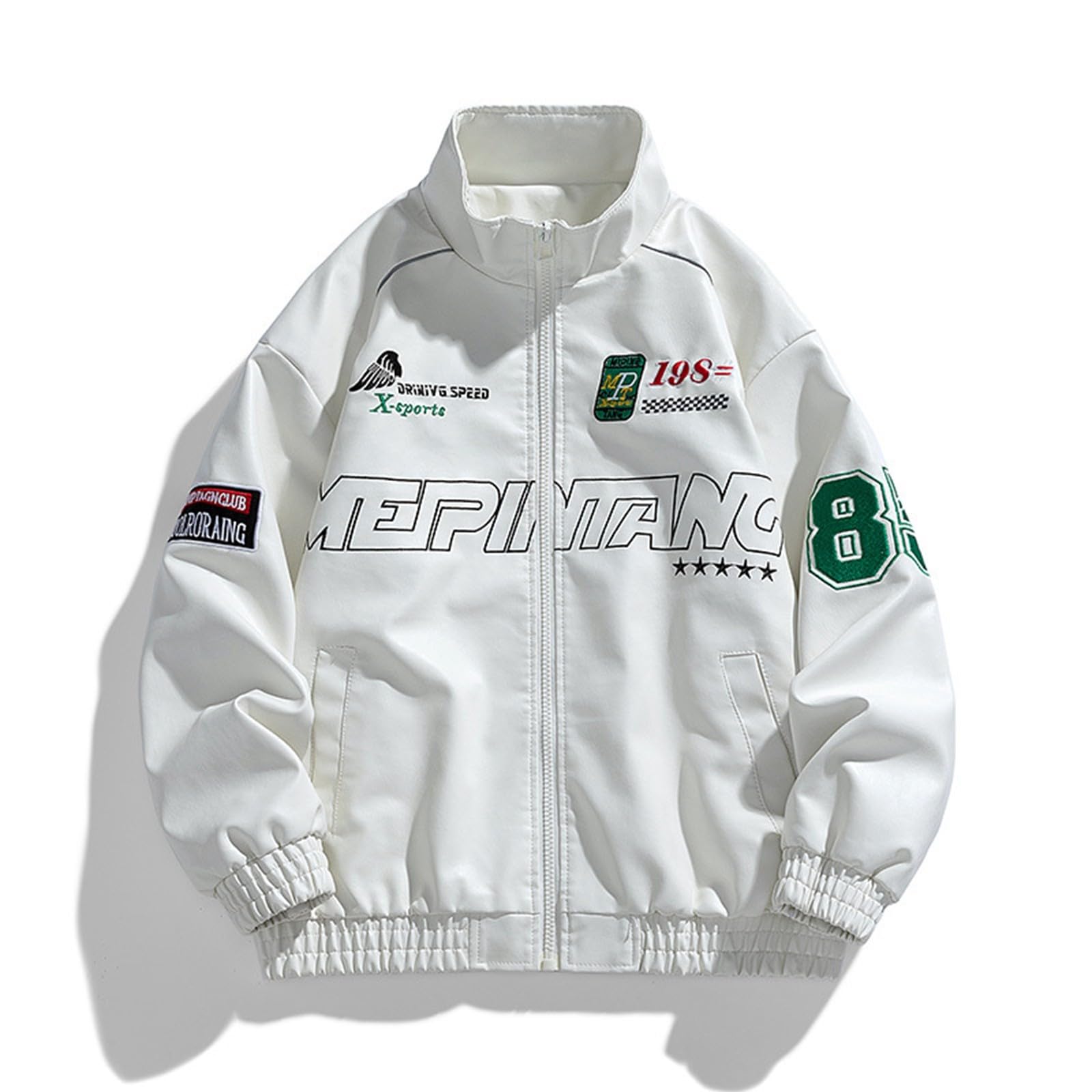 Generisch Giacca in pelle da uomo Y2K, oversize, in ecopelle, con chiusura lampo, stile bomber vintage, giacca tradizionale universitaria, giacca da baseball, hip hop, streetwear