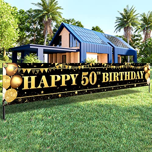 KatchOn XtraLarge Happy 50th Birthday Banner - 120x20 Inch | 50th Birthday Decorations for Women Men | Happy Birthday Yard Banner For Black And Gold Party Decorations