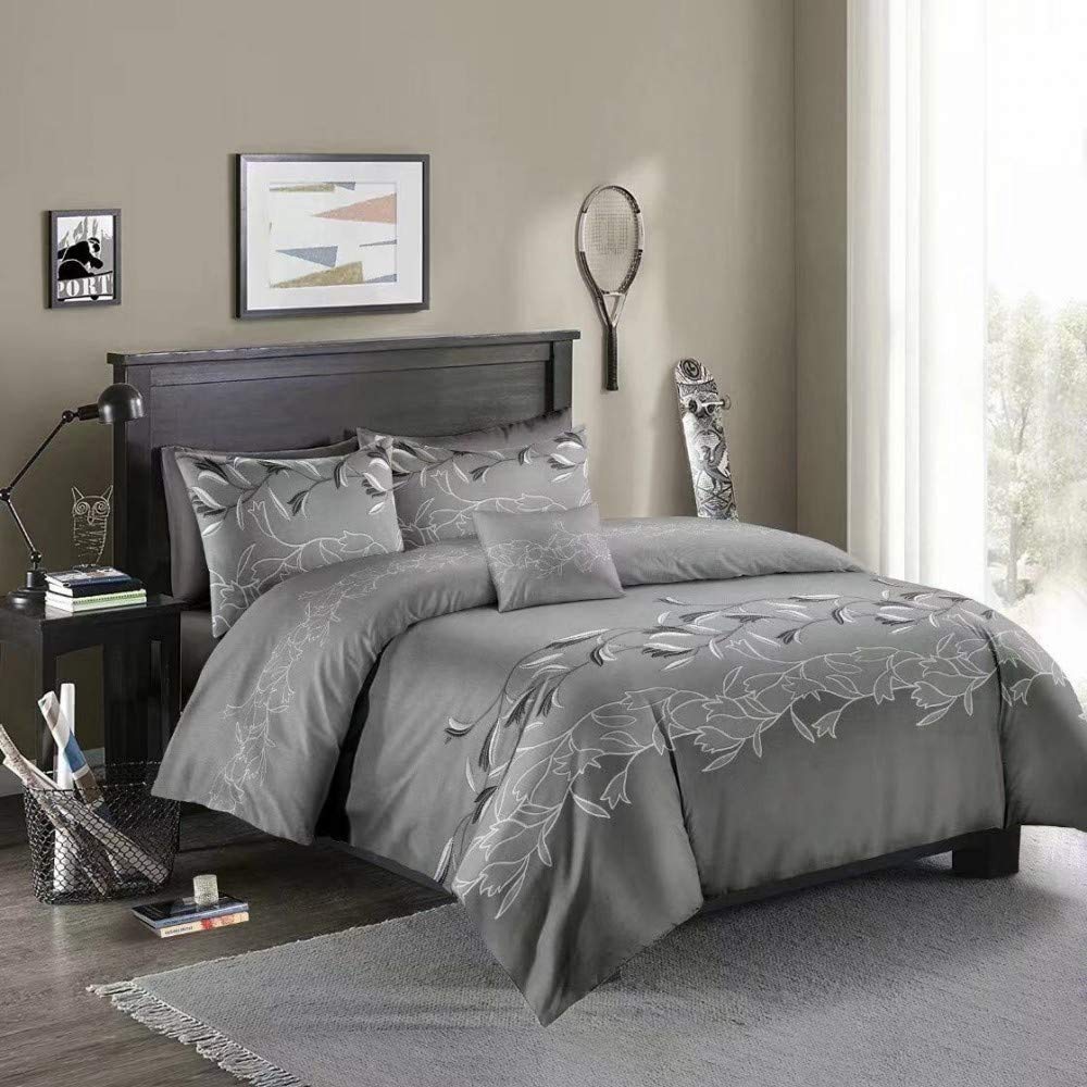 Loussiesd Boys Dcsuk081lyp-1 European Comforter Cover Double Size Embroidered Floral Bedding Set Gray Jacquard Decorative 3 Pieces Elegant Duvet Cover Set Polyester Bedspread Cover With 2 Pillowcase Microfiber Zipper Grey