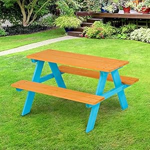 Teamson Kids - Wooden Outdoor Child Children Kids Picnic Table & Chair Bench Set - Brown/Aqua Teamson Kids Wooden Outdoor Child Children Kids Picnic Table Chair Bench Set BrownAqua