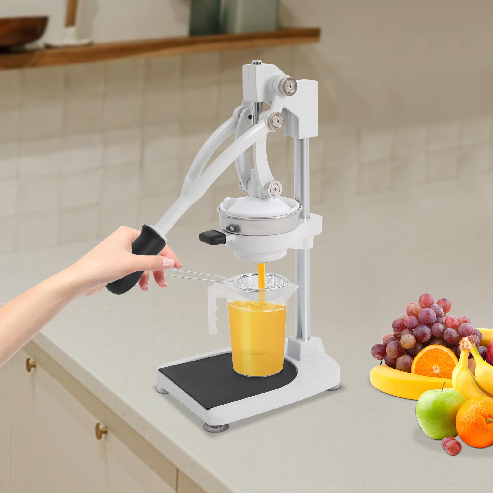 Manuelle Saftpresse Edelstahl, Zitruspresse Hebel, Obst Entsafter Profi, Doppel Presskopf Ohne Strom, Handentsafter Küche Zuhause Bar, 500ml Messbecher, Stabiler Stand, Leicht Reinigung