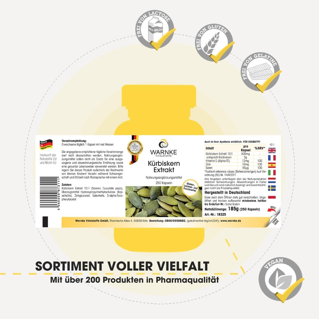 Warnke Gesundheitsprodukte Kürbiskern Extrakt (10:1) 500 mg mit nat. Vitamin E und Selen, 250 Kapseln, Großpackung, 1er Pack (1 x 190 g)