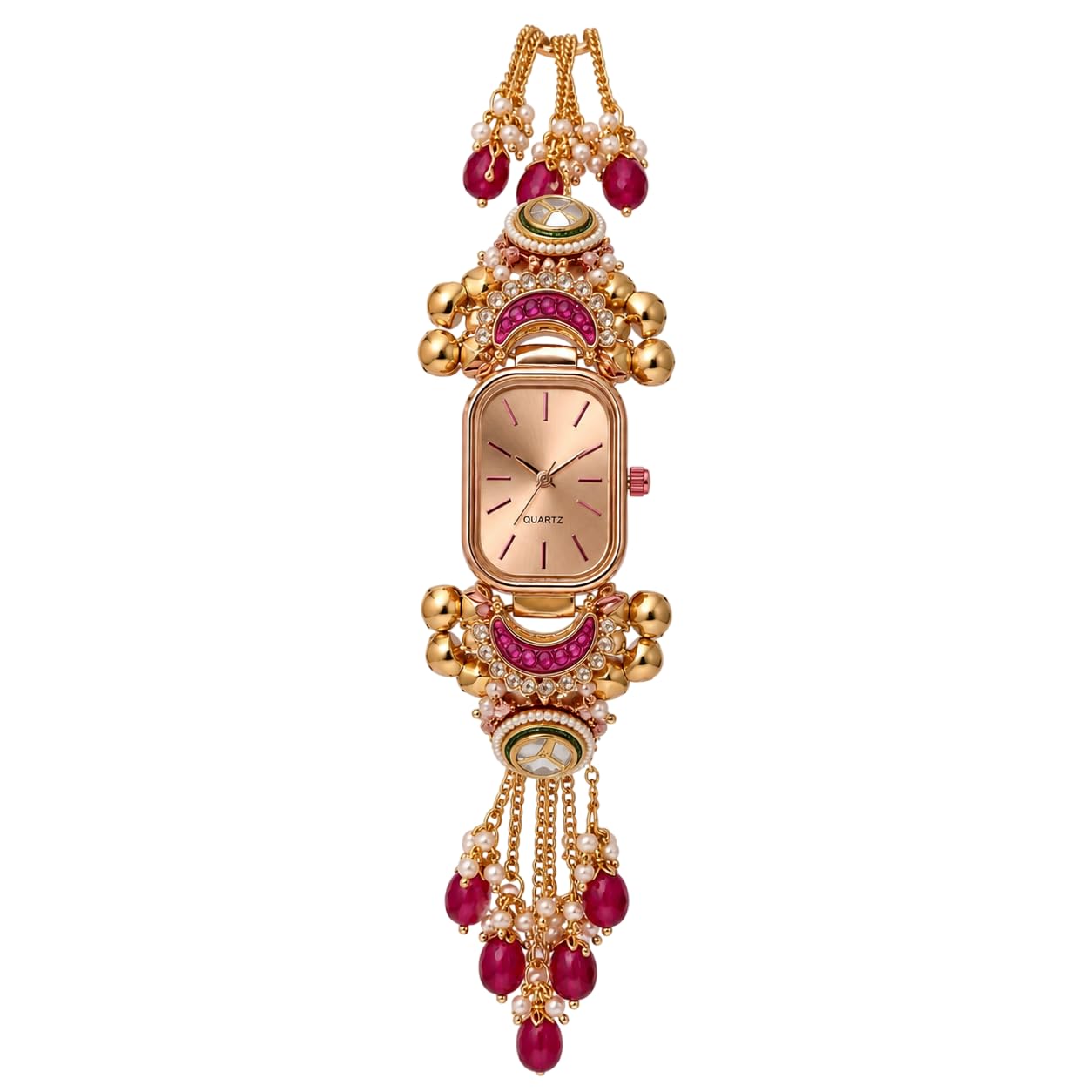 Women’s Designer Decorative Bracelet Watch with Pink Drop Beads, Pearl-Style Details and Hanging Chain Tassels | Traditional Ethnic Fashion Wrist Accessory and Special Occasions-image-34