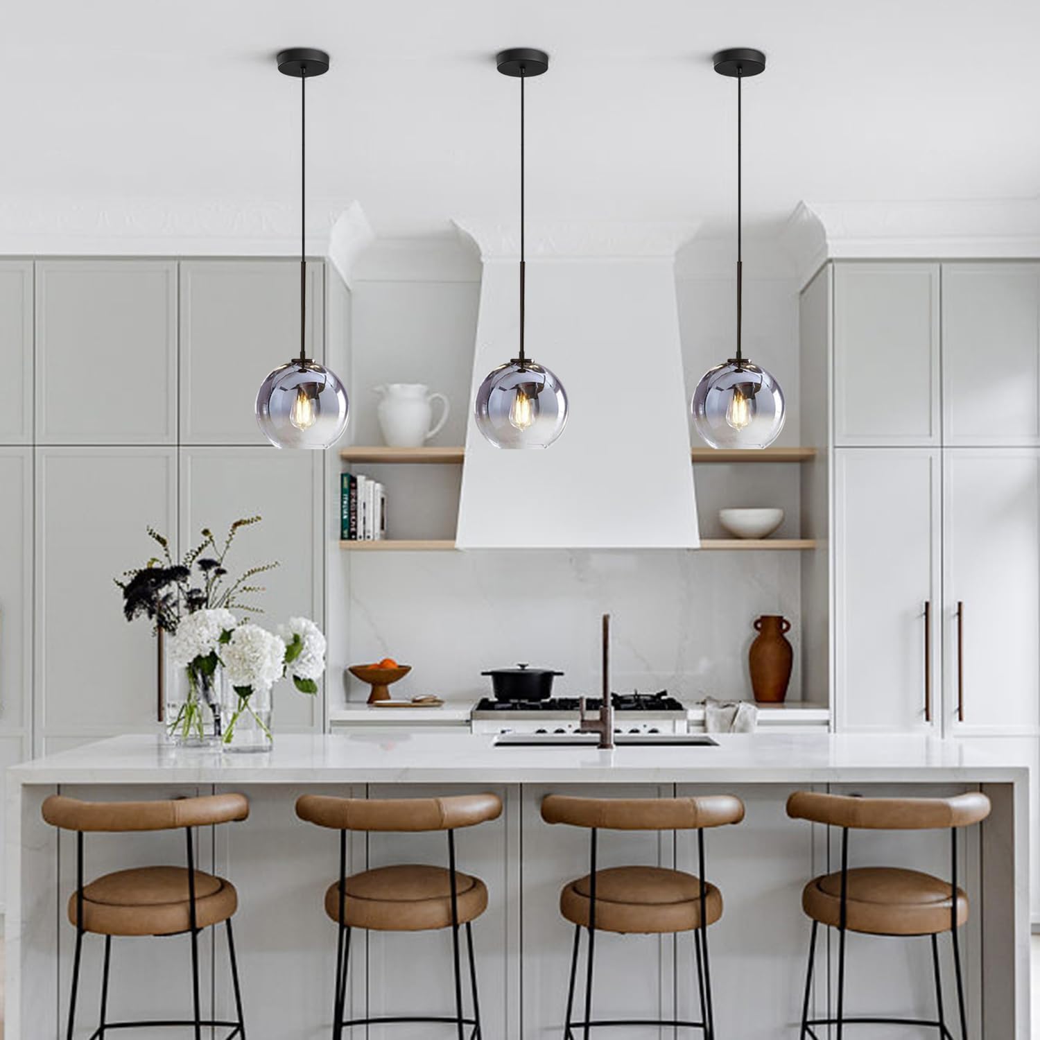 KCO Lighting Mercury Glass Pendant Light Fixtures Mid Century Modern Silver Kitchen Island Pendant Lights Ceiling Hanging Black Large Globe Pendant Light for Living Room Dining Room